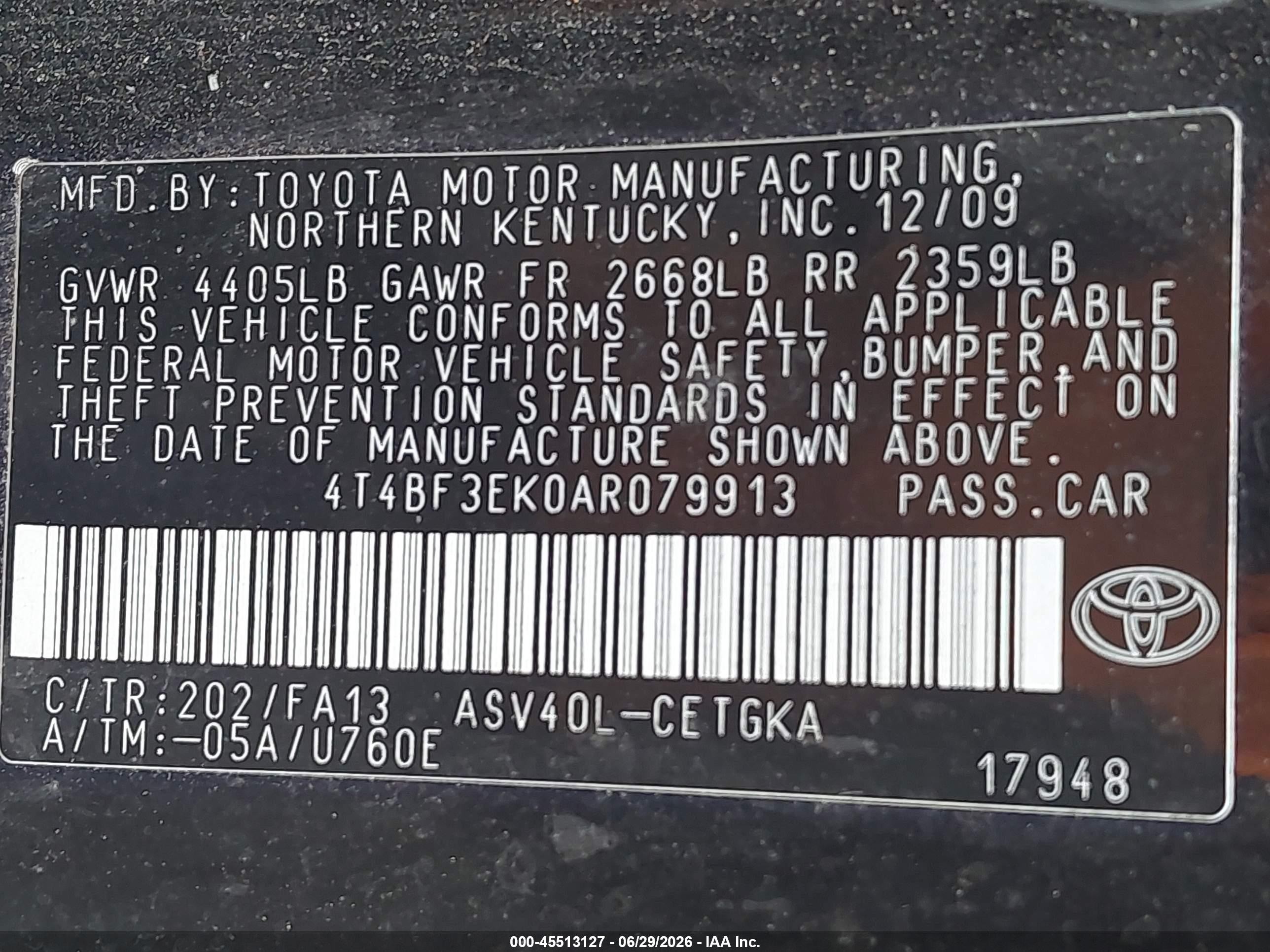 2010 Toyota Camry Xle Black vin: 4T4BF3EK0AR079913