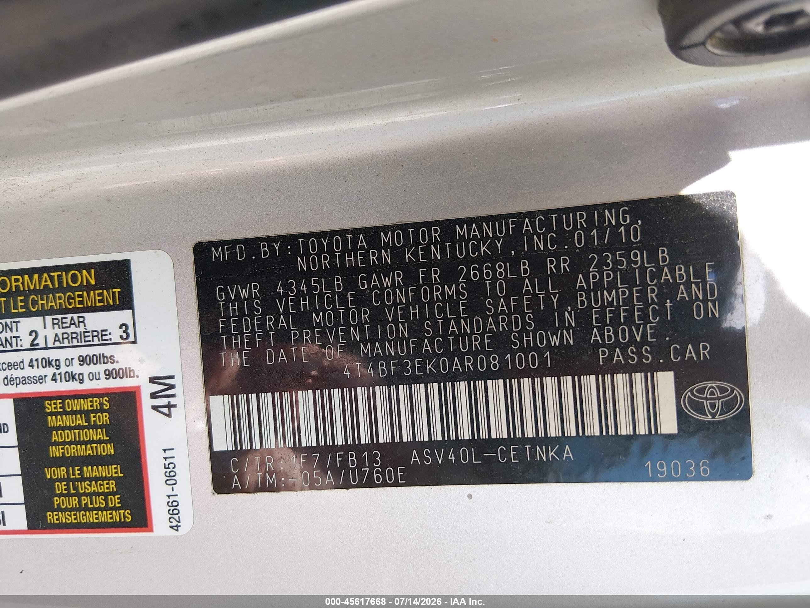 2010 Toyota Camry Le White vin: 4T4BF3EK0AR081001