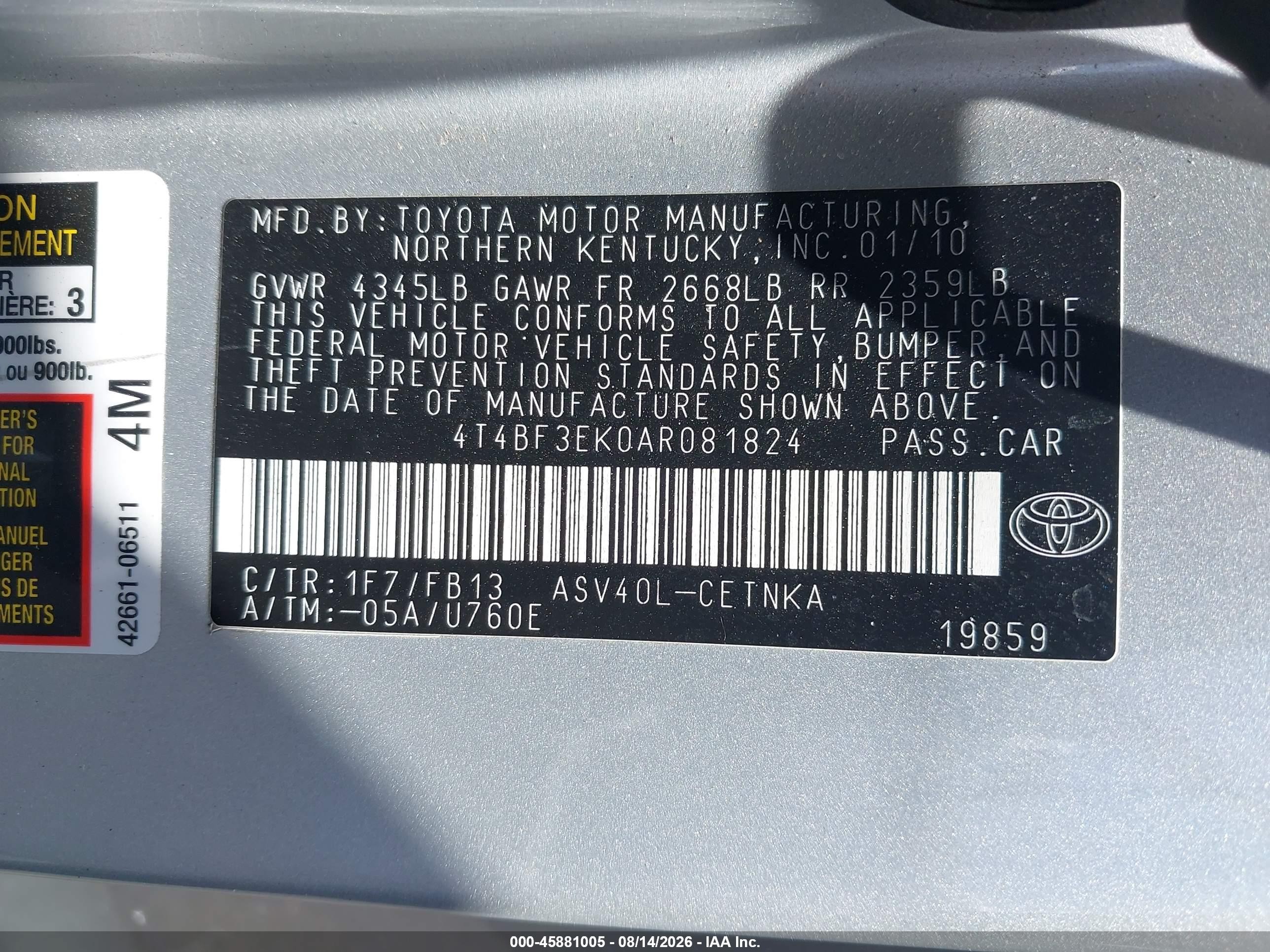 2010 Toyota Camry Le Silver vin: 4T4BF3EK0AR081824