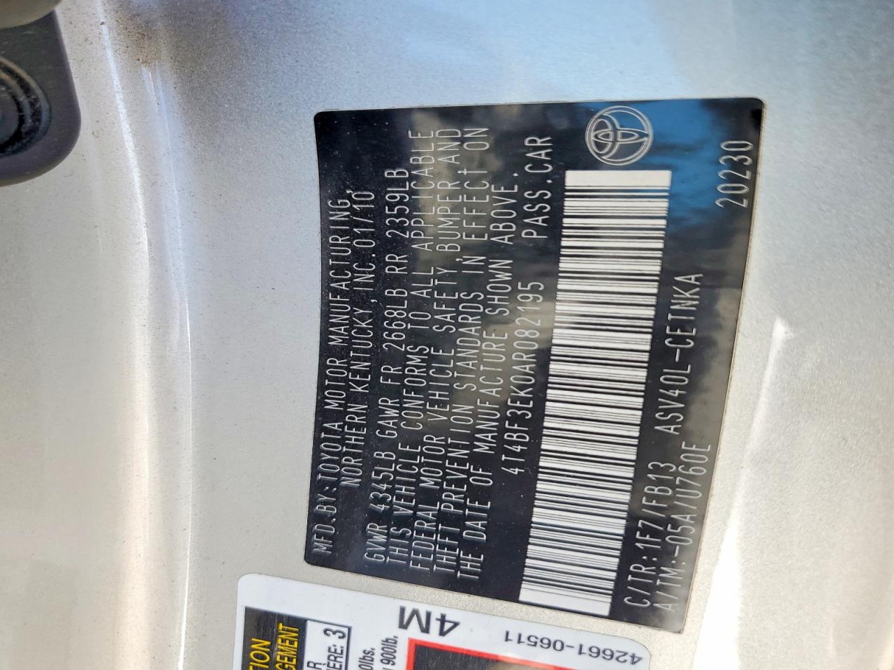 2010 Toyota Camry Base Silver vin: 4T4BF3EK0AR082195
