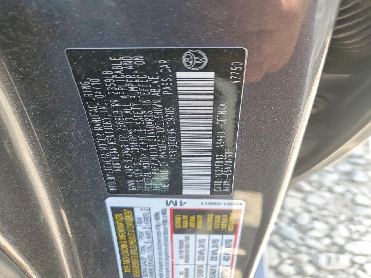 2011 Toyota Camry Le Gray vin: 4T4BF3EK0BR109705