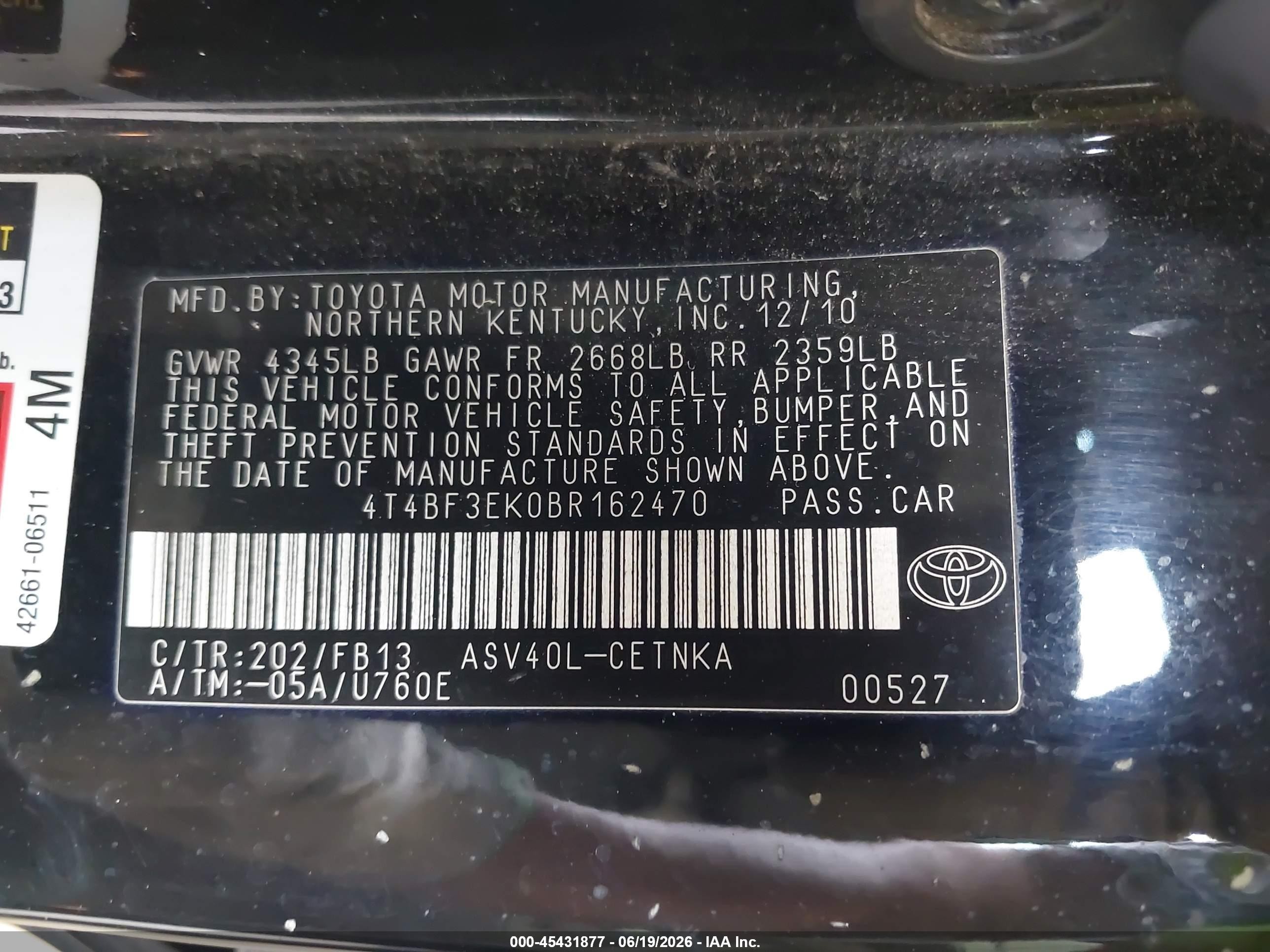 2011 Toyota Camry Le Black vin: 4T4BF3EK0BR162470