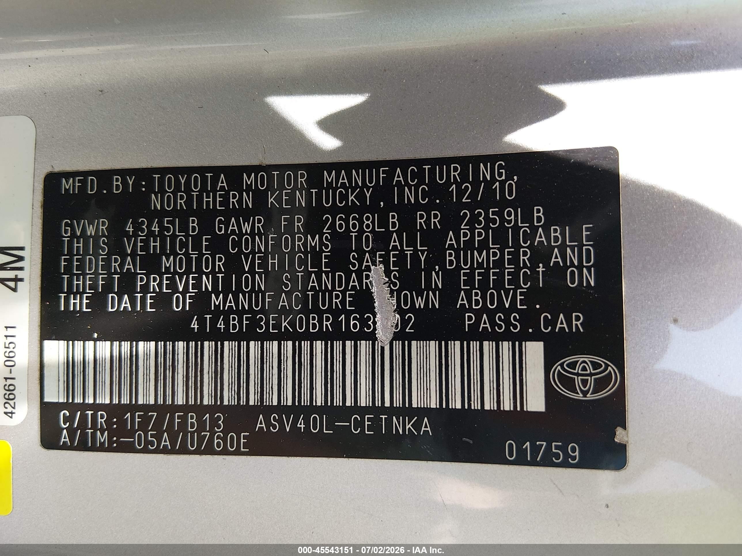 2011 Toyota Camry Le Серебряный vin: 4T4BF3EK0BR163702