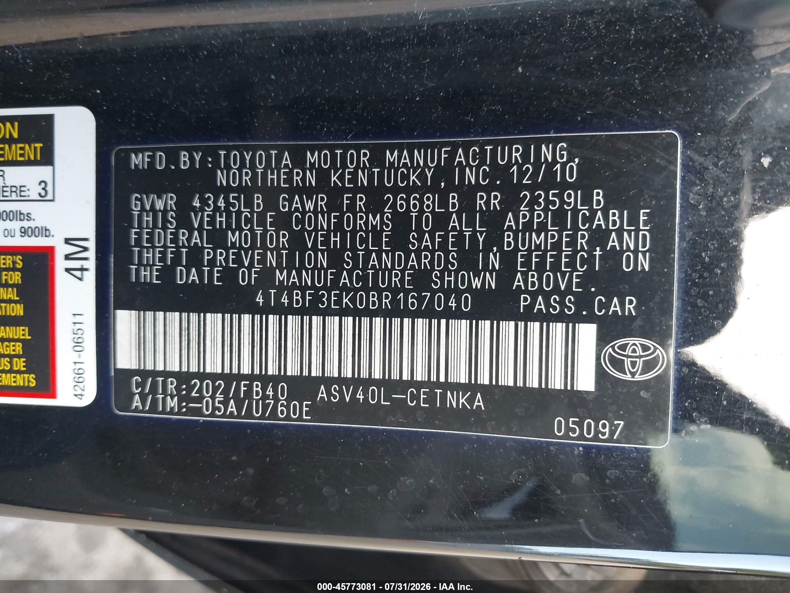2011 Toyota Camry Le Black vin: 4T4BF3EK0BR167040