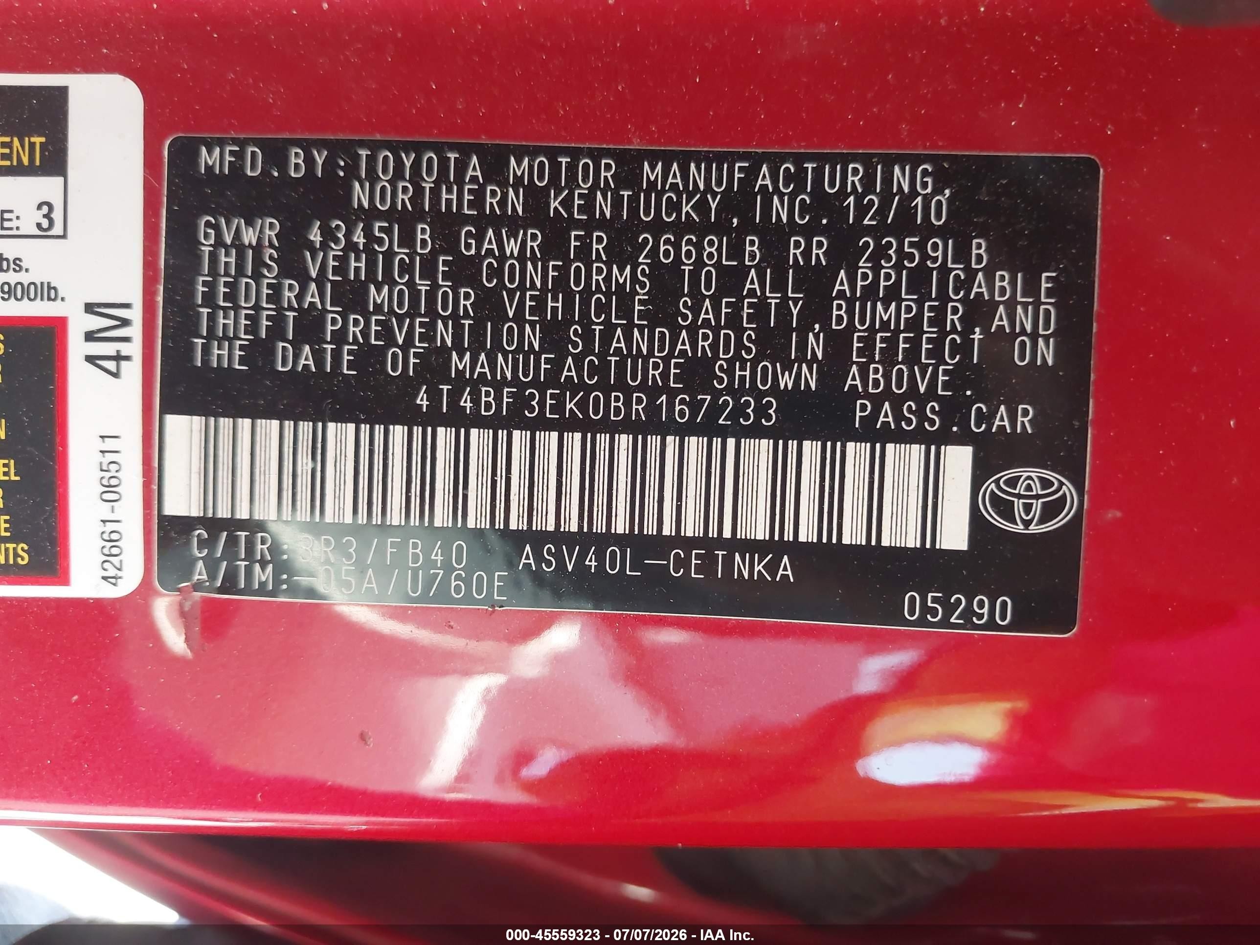 2011 Toyota Camry Le Red vin: 4T4BF3EK0BR167233