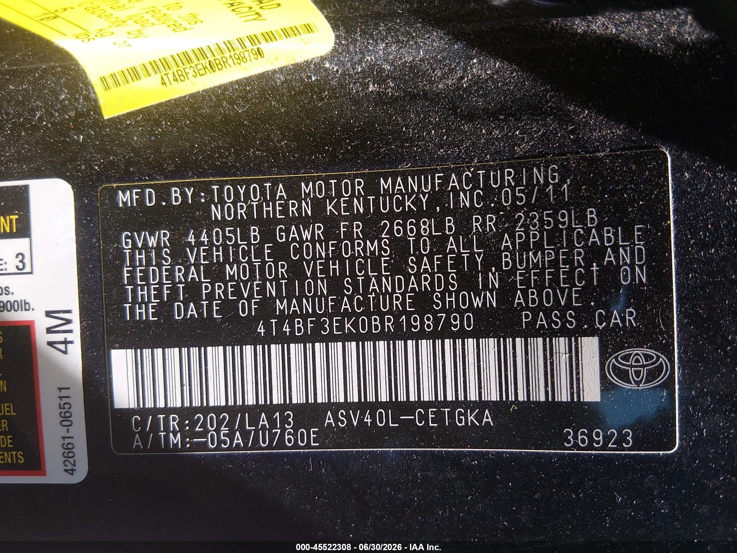 2011 Toyota Camry Xle Black vin: 4T4BF3EK0BR198790
