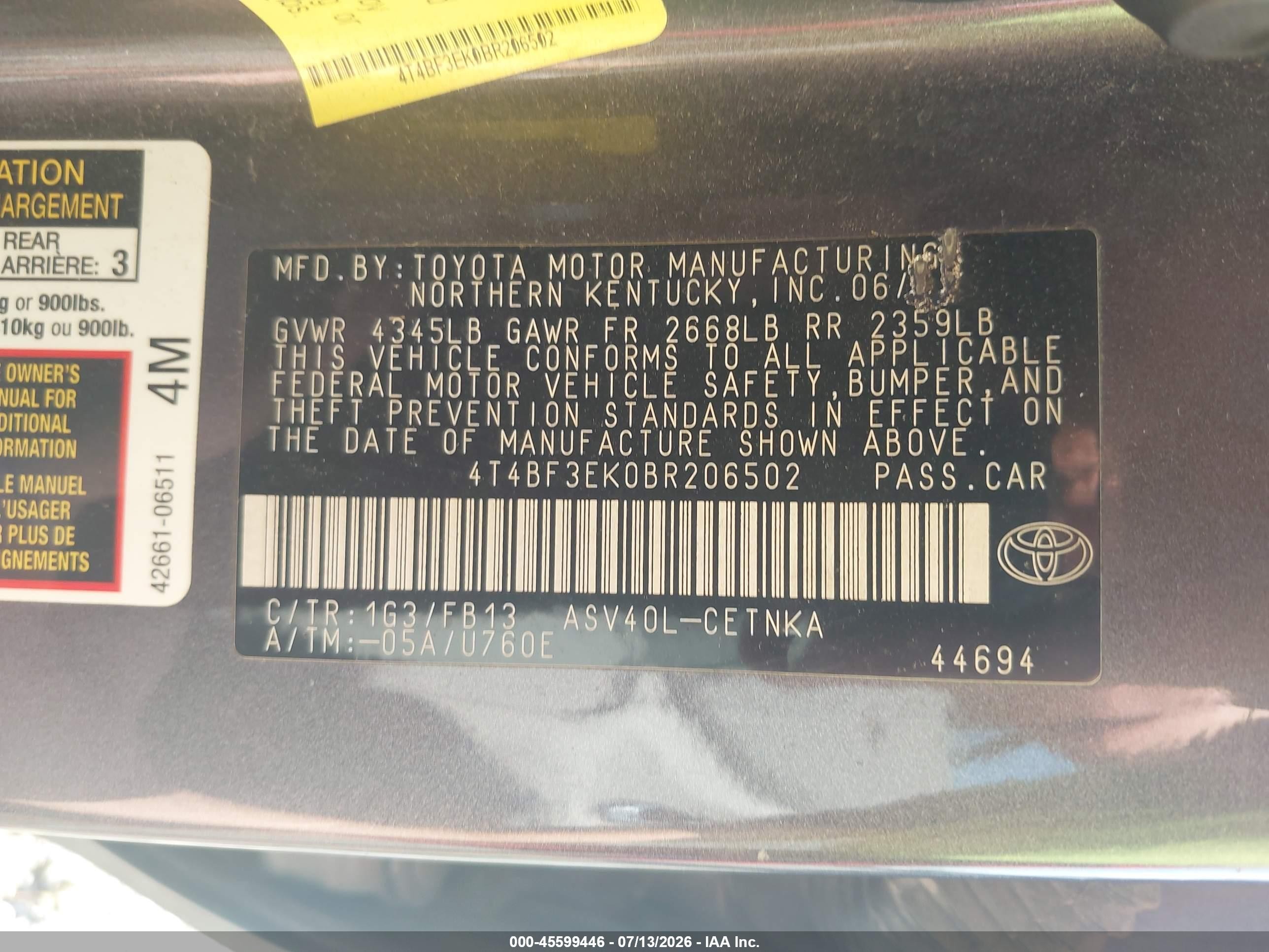 2011 Toyota Camry Le Gray vin: 4T4BF3EK0BR206502