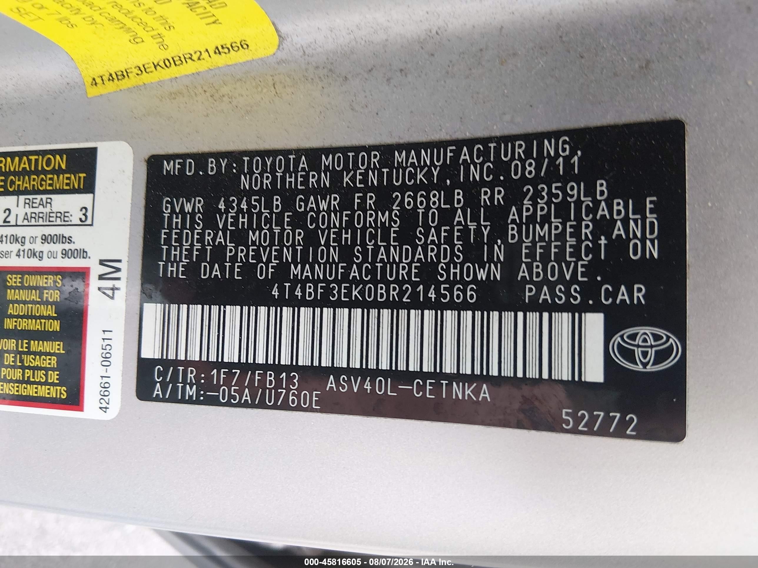 2011 Toyota Camry Le Silver vin: 4T4BF3EK0BR214566