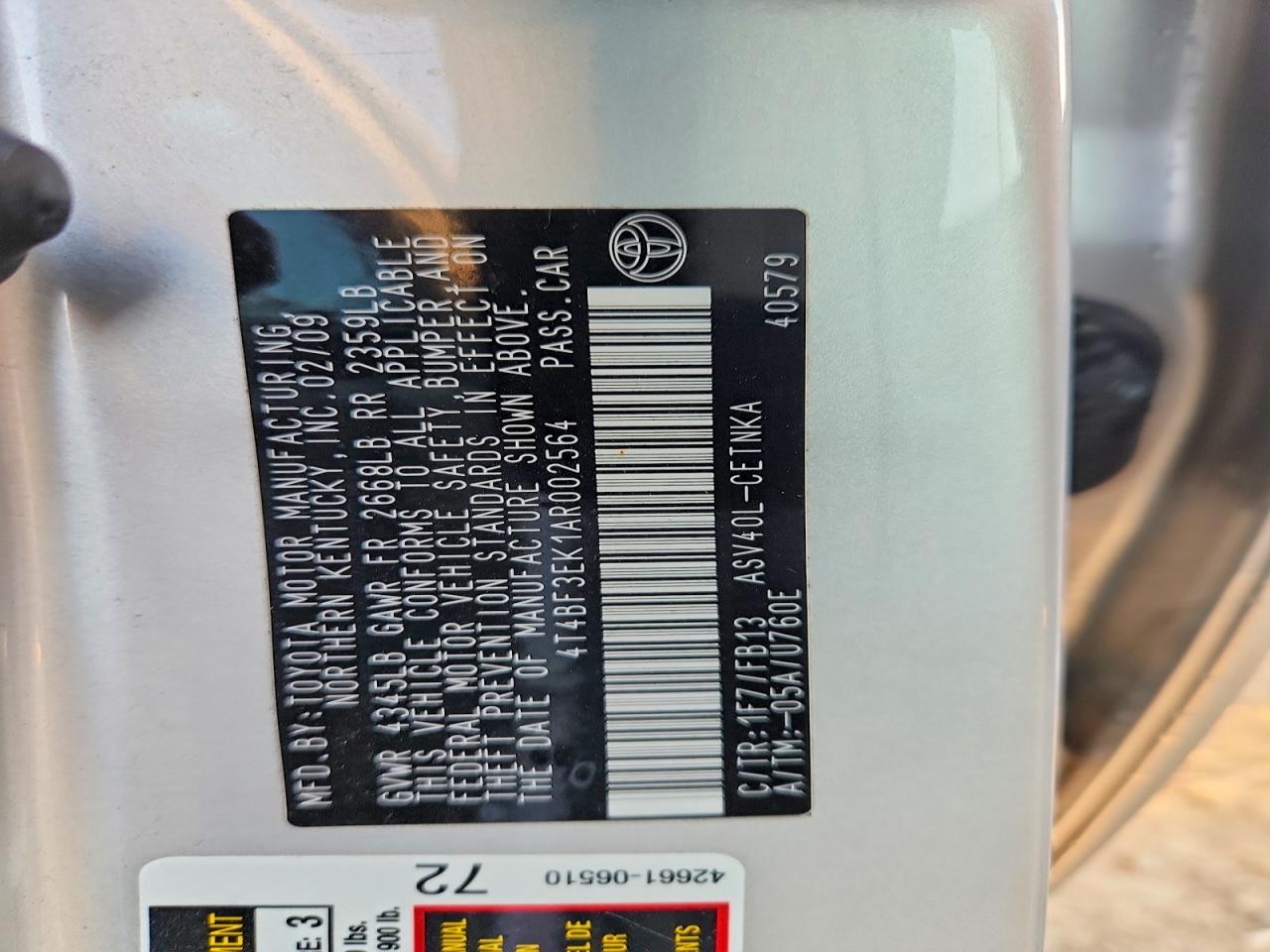 2010 Toyota Camry Le Silver vin: 4T4BF3EK1AR002564