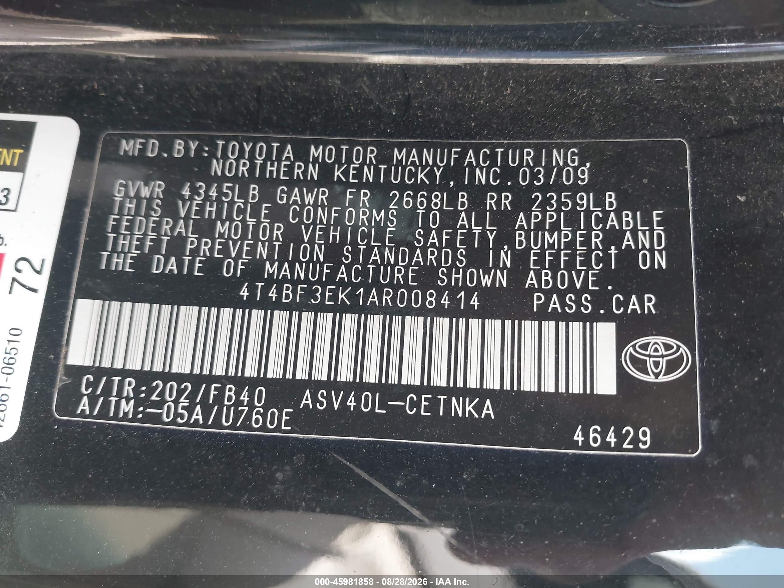 2010 Toyota Camry Le Черный vin: 4T4BF3EK1AR008414