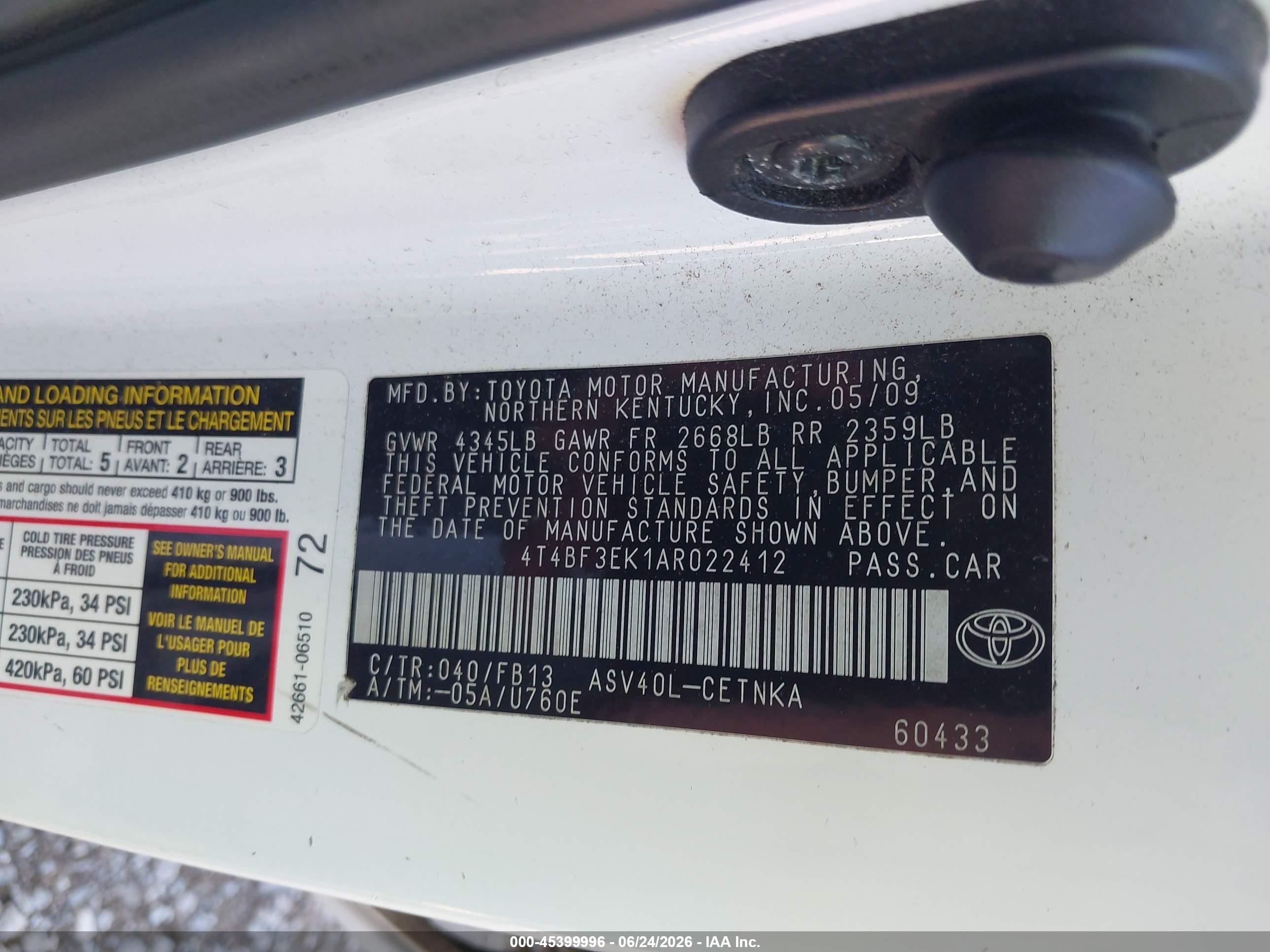 2010 Toyota Camry Le White vin: 4T4BF3EK1AR022412