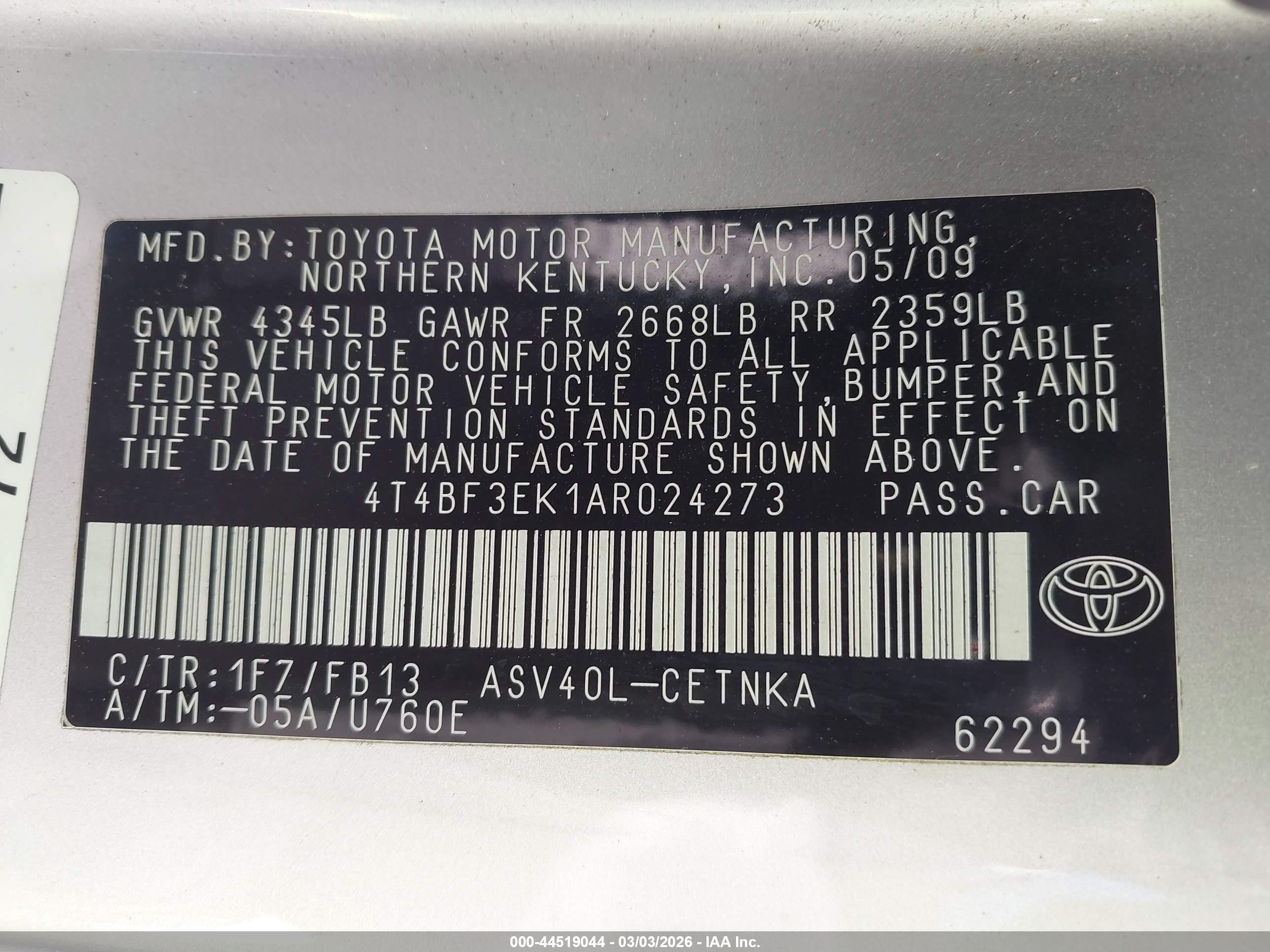 2010 Toyota Camry Le Silver vin: 4T4BF3EK1AR024273