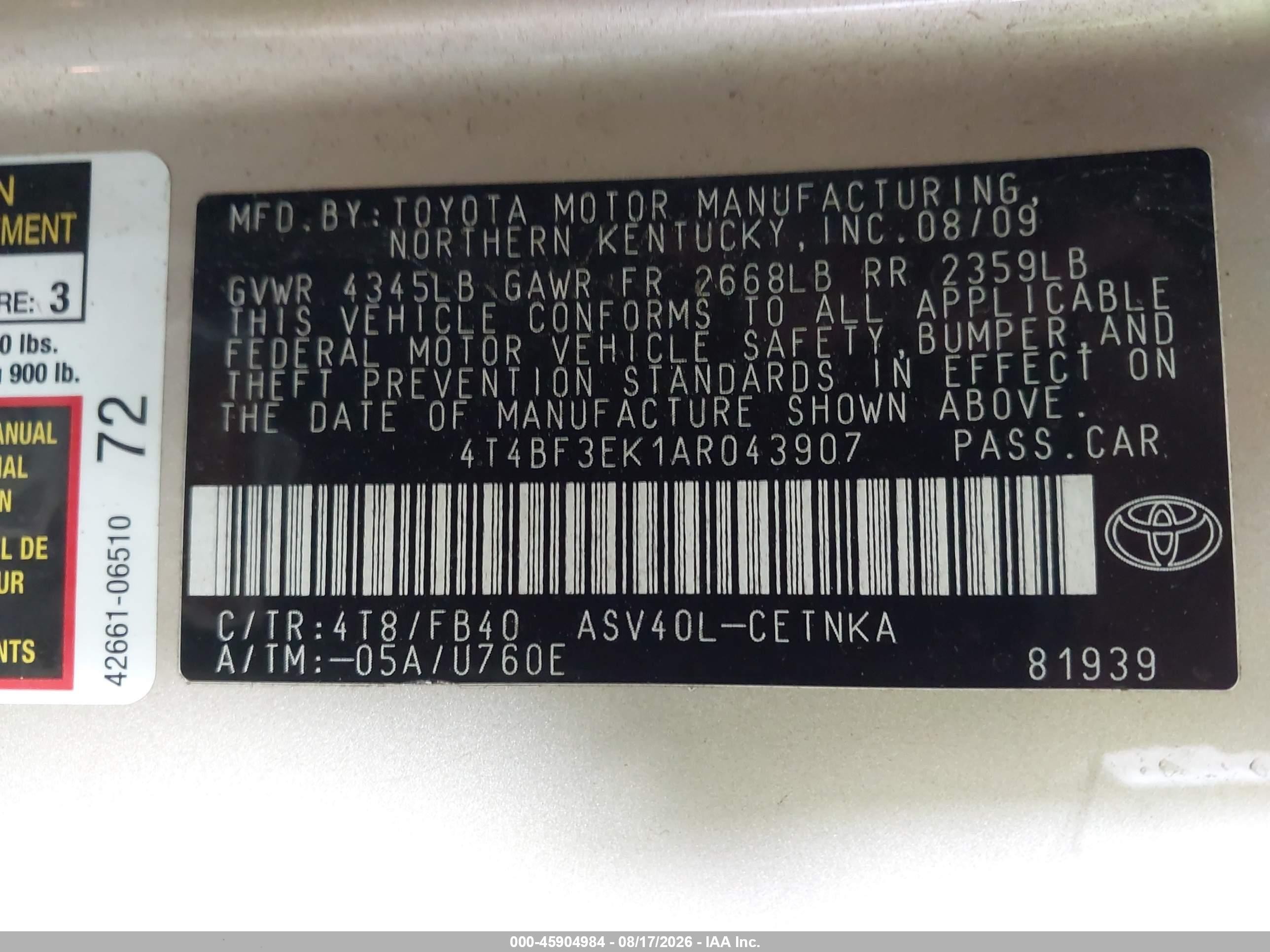 2010 Toyota Camry Le Green vin: 4T4BF3EK1AR043907