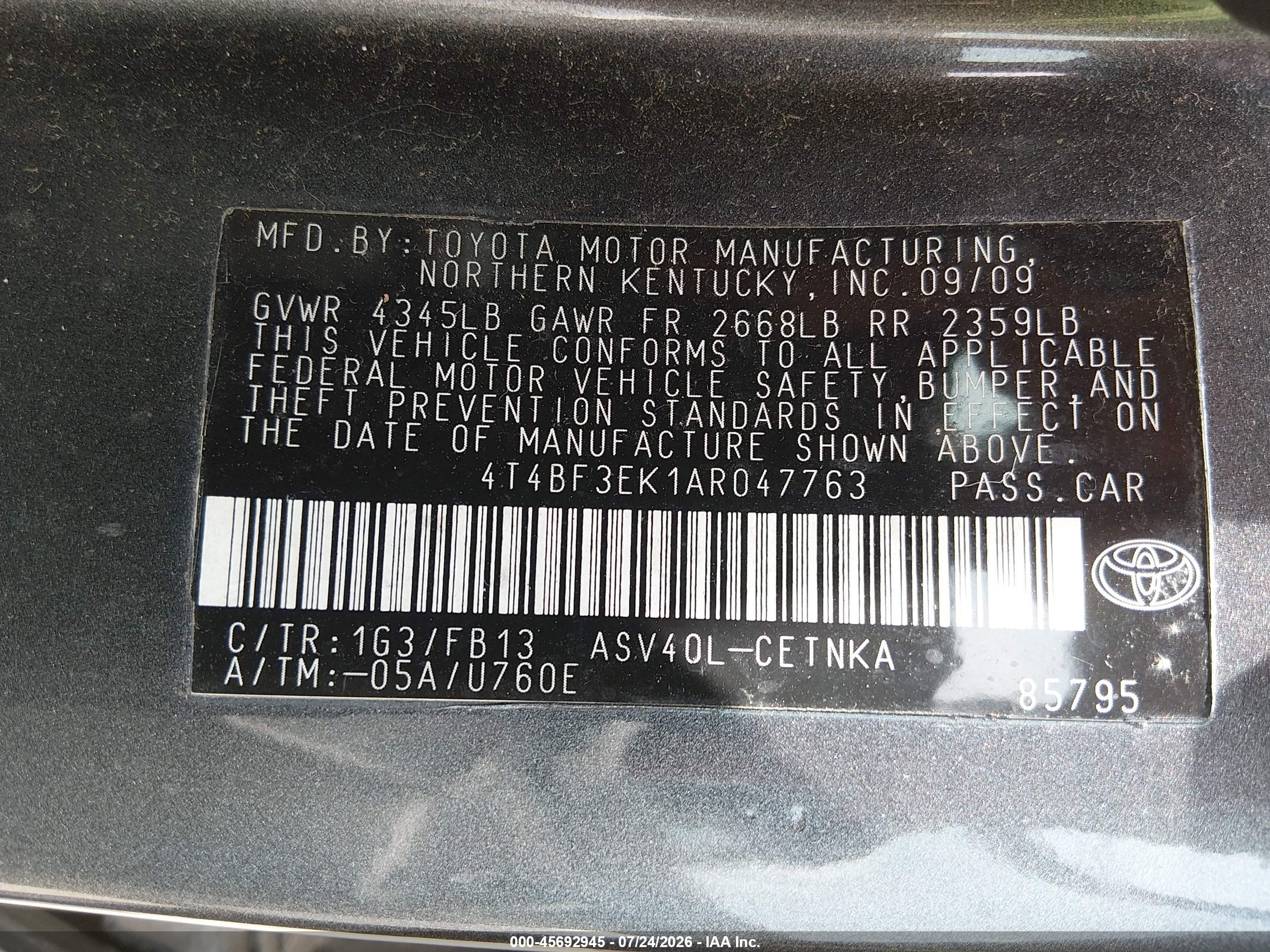 2010 Toyota Camry Le Gray vin: 4T4BF3EK1AR047763