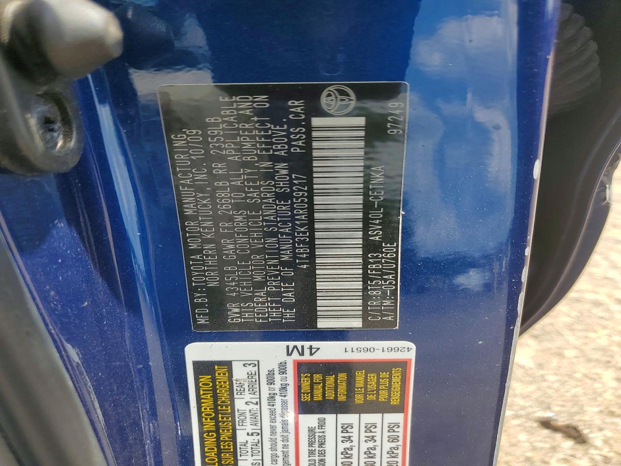 2010 Toyota Camry Le Blue vin: 4T4BF3EK1AR059217