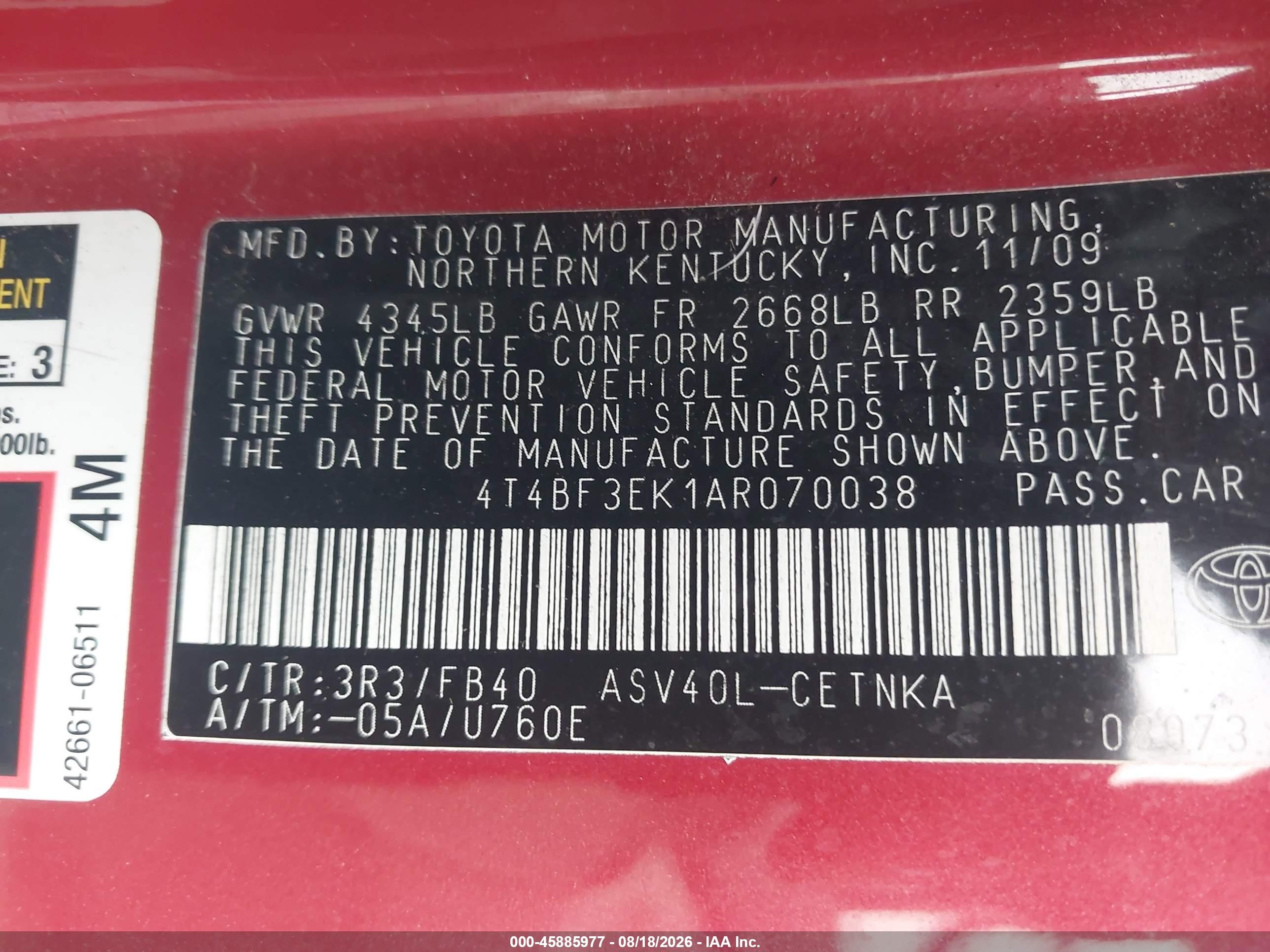 2010 Toyota Camry Le Красный vin: 4T4BF3EK1AR070038