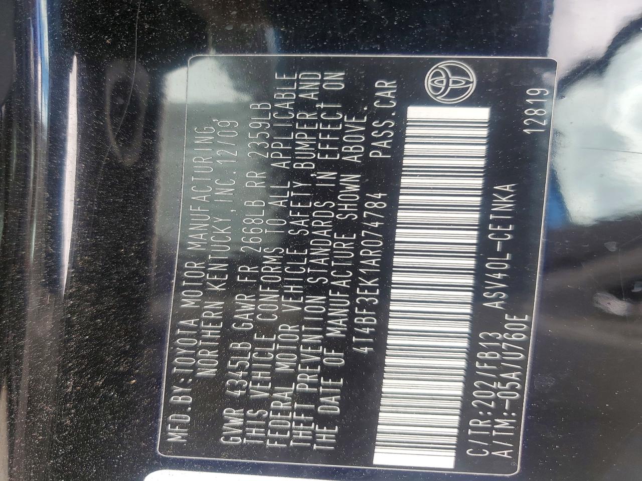 2010 Toyota Camry Base Black vin: 4T4BF3EK1AR074784