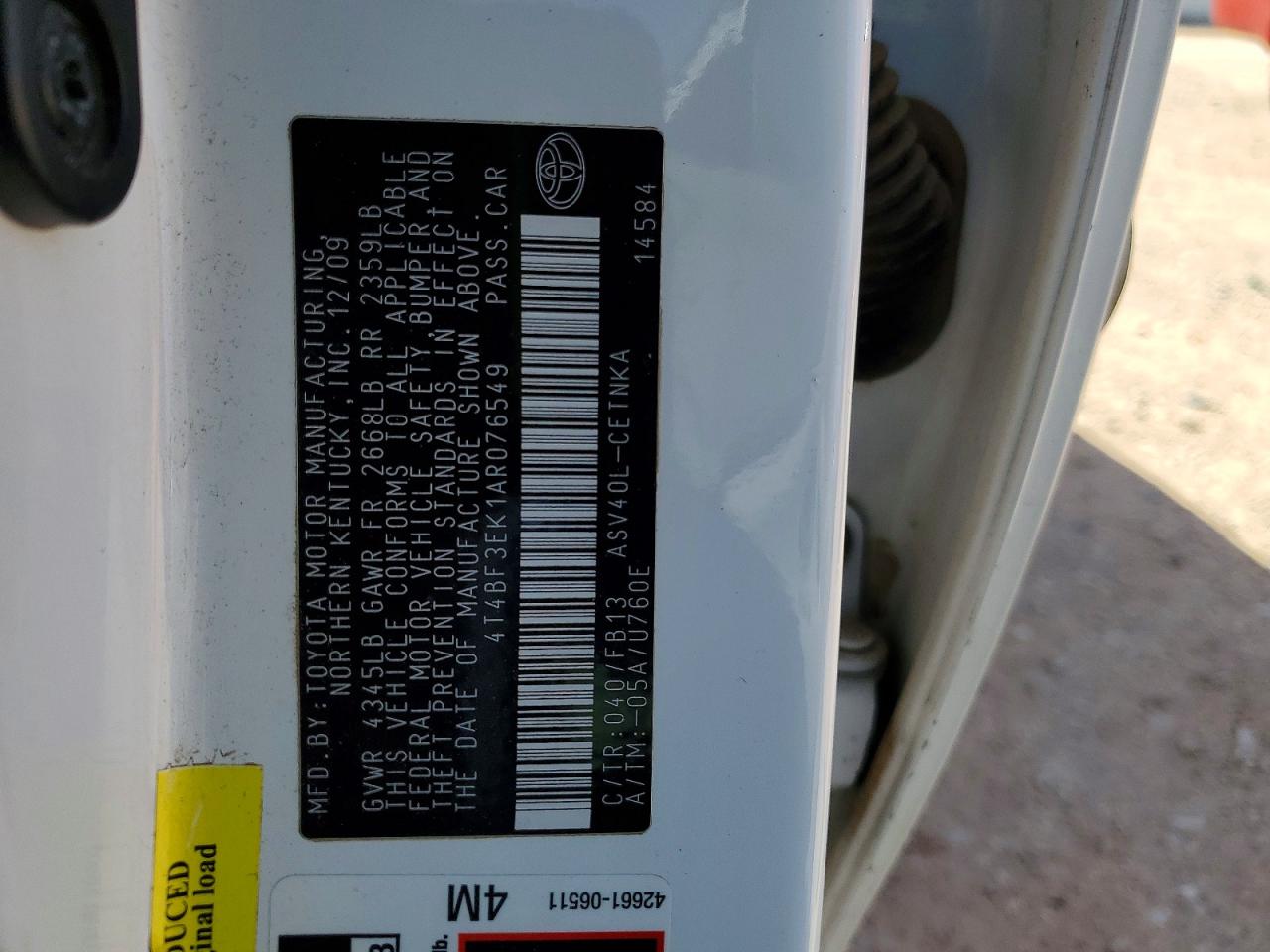 2010 Toyota Camry White vin: 4T4BF3EK1AR076549