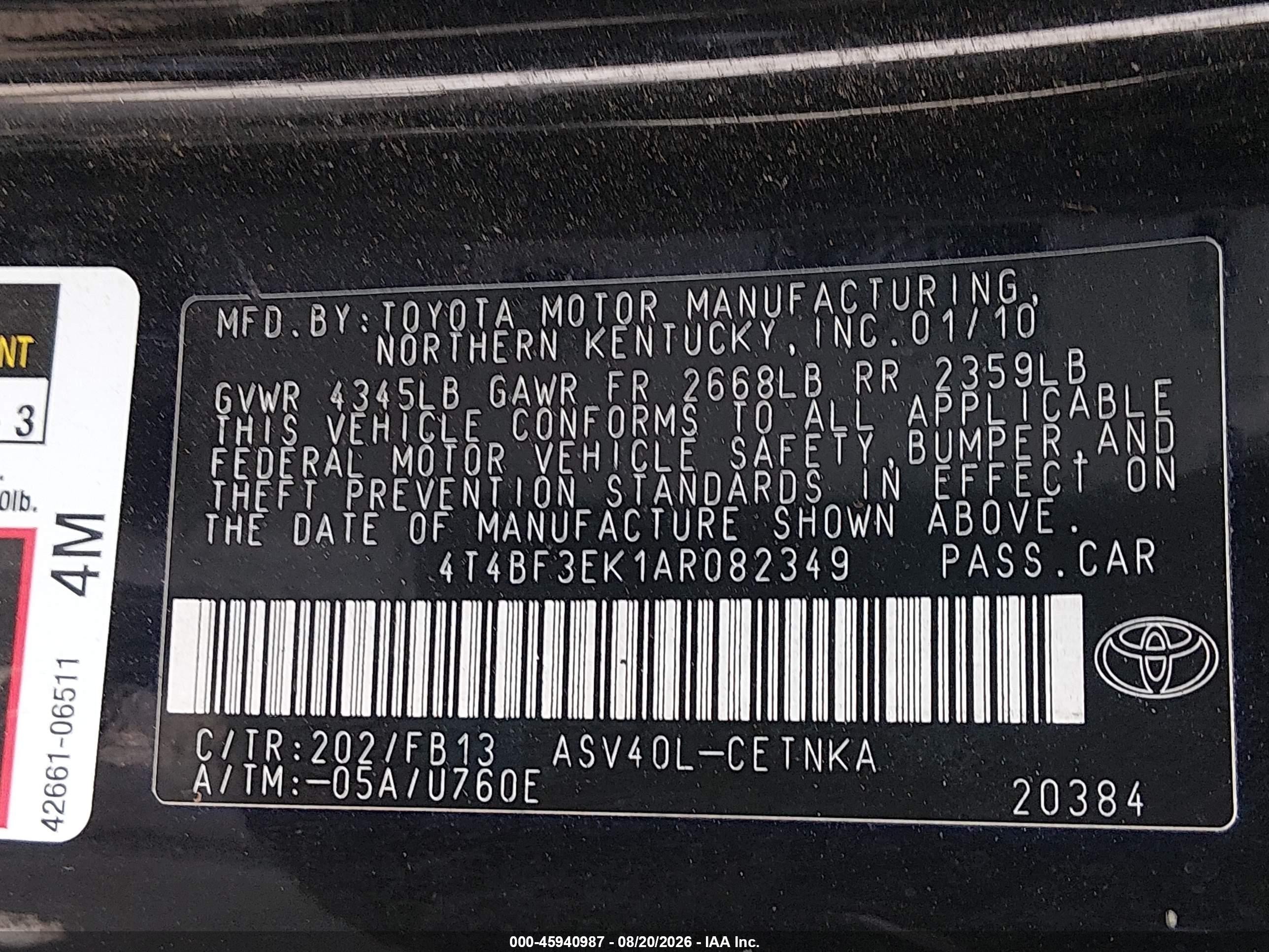 2010 Toyota Camry Le Black vin: 4T4BF3EK1AR082349