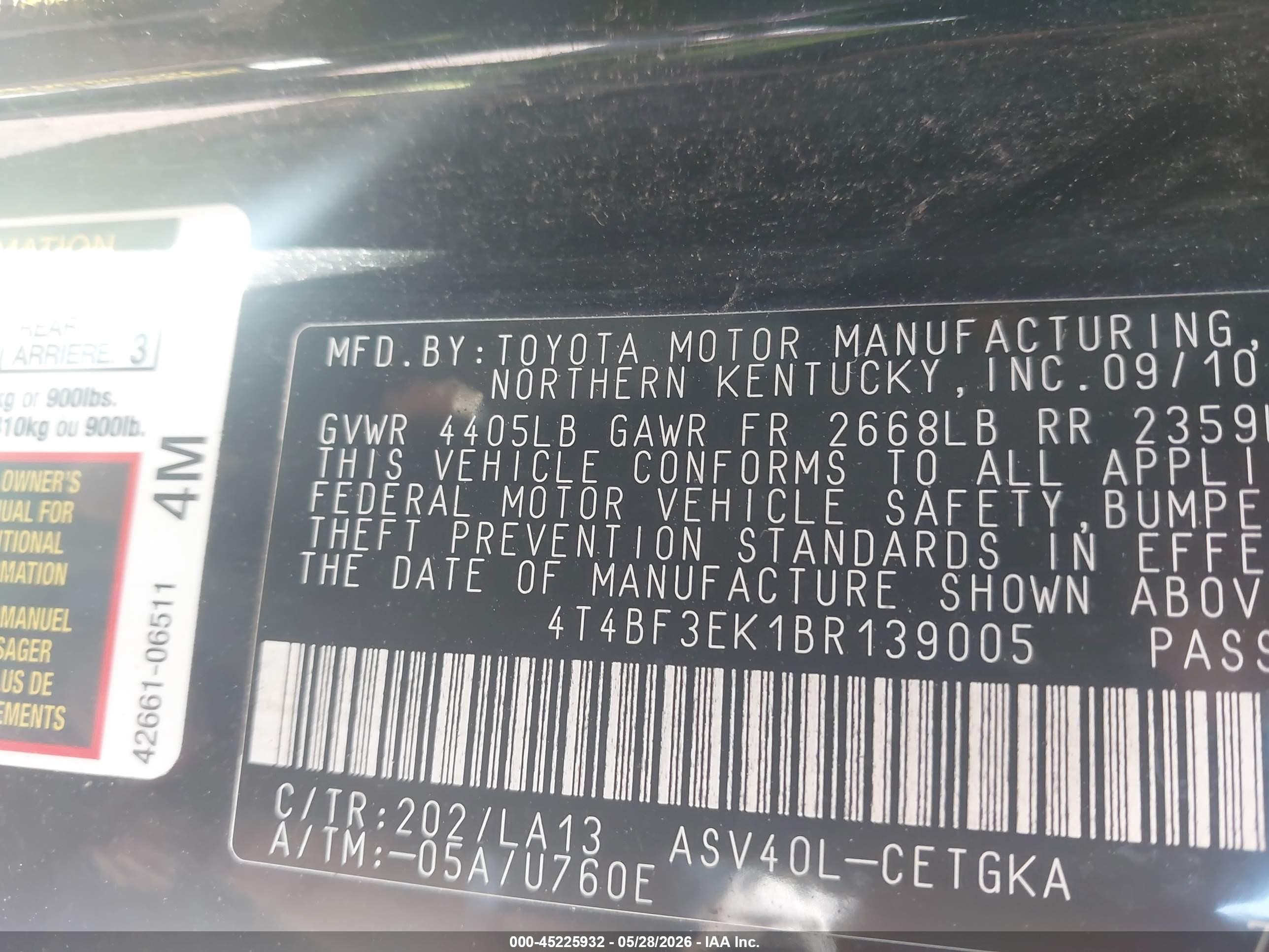 2011 Toyota Camry Xle Black vin: 4T4BF3EK1BR139005