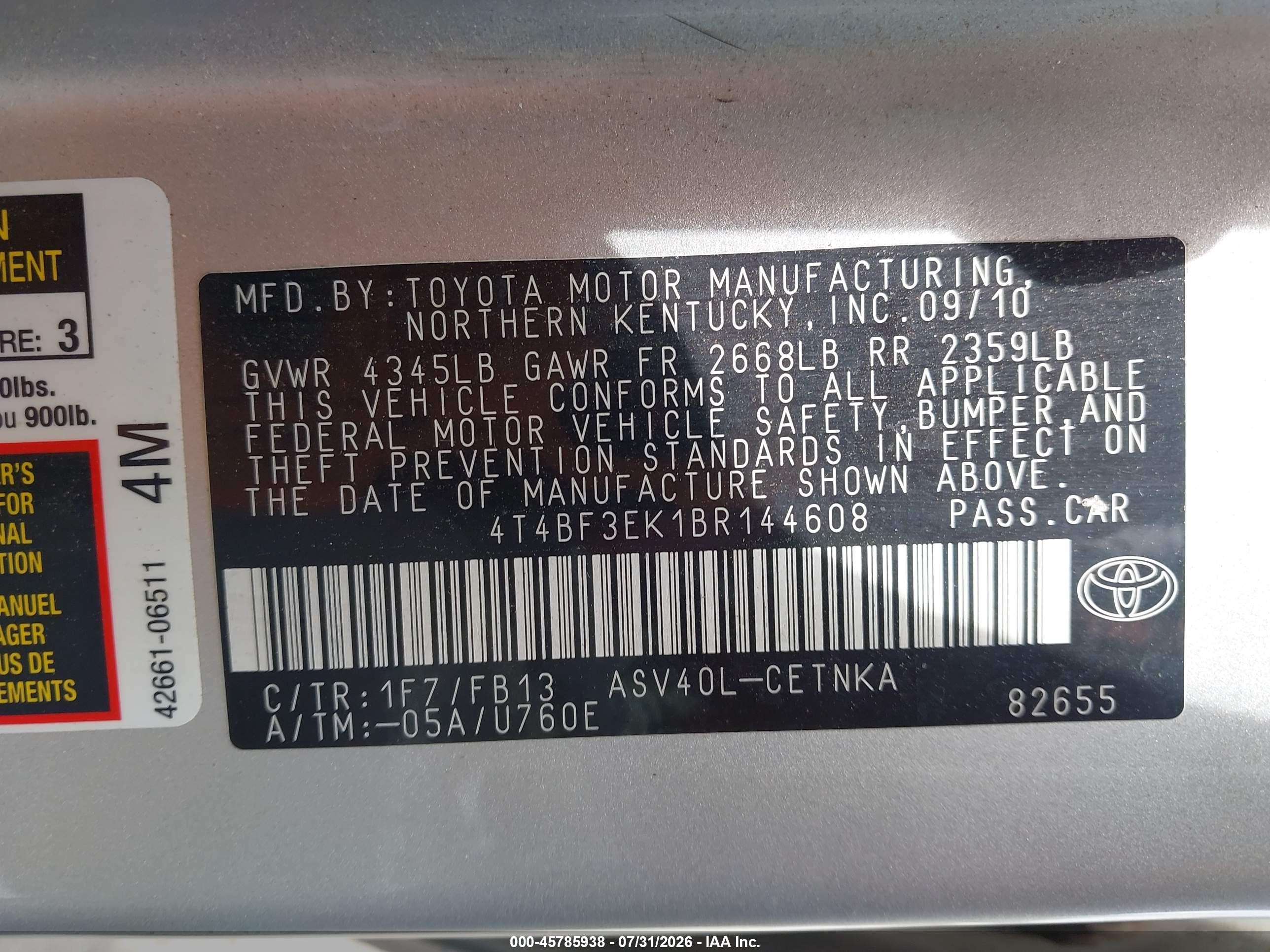 2011 Toyota Camry Le Silver vin: 4T4BF3EK1BR144608
