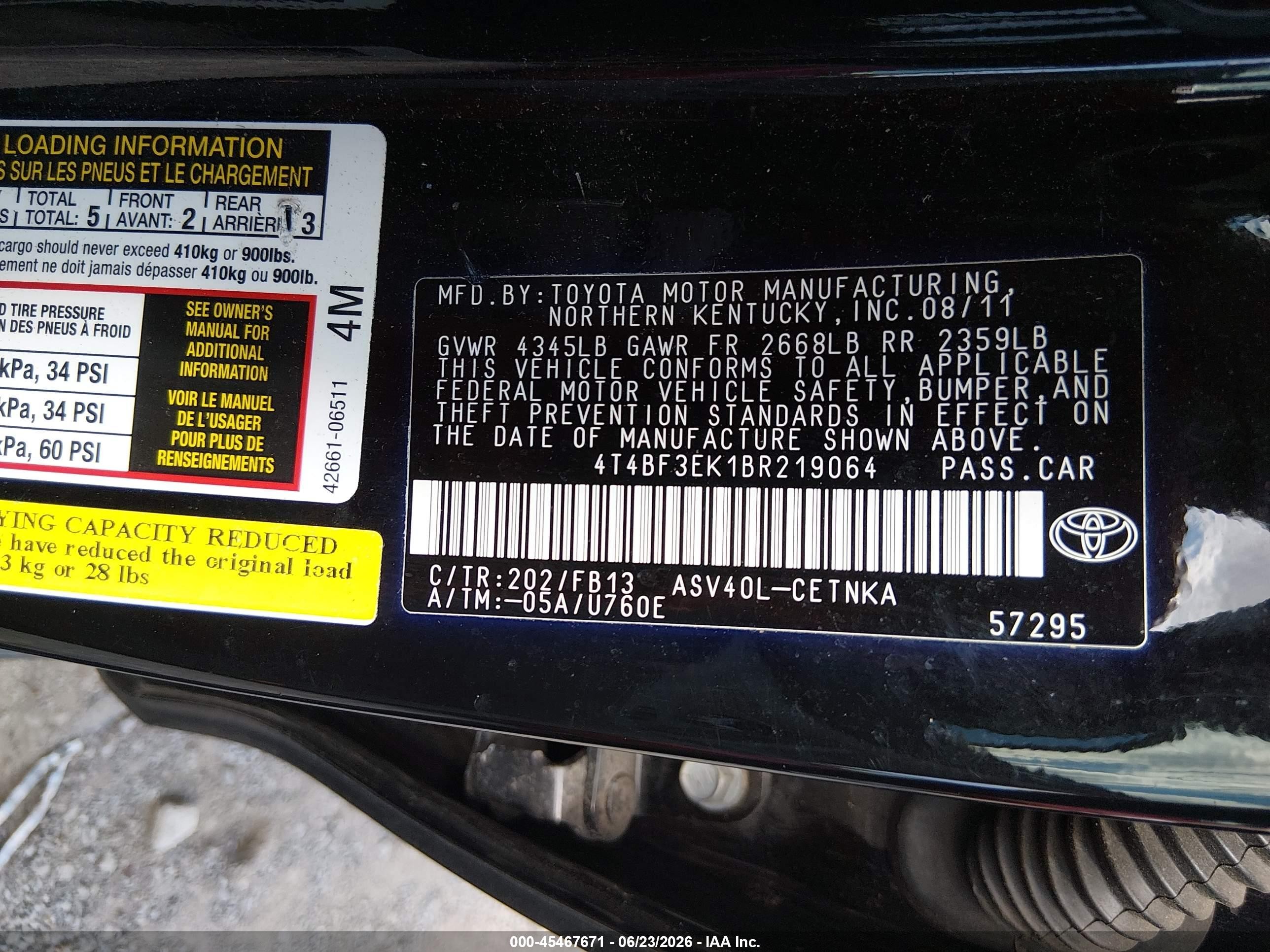 2011 Toyota Camry Le Черный vin: 4T4BF3EK1BR219064