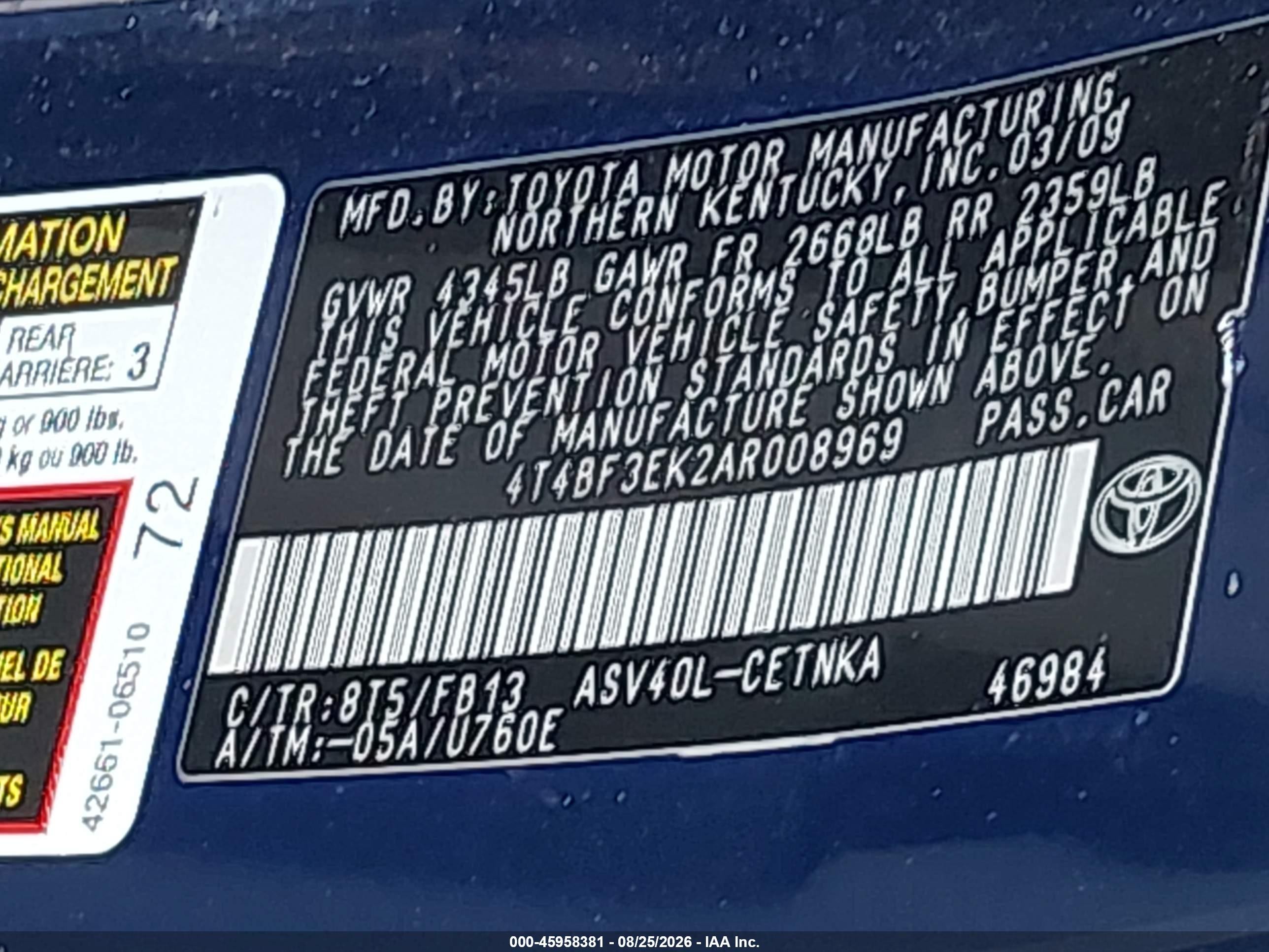 2010 Toyota Camry   Blue vin: 4T4BF3EK2AR008969