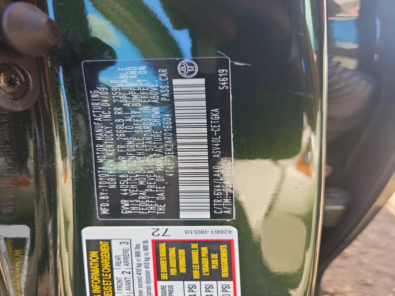 2010 Toyota Camry Xle Green vin: 4T4BF3EK2AR016604