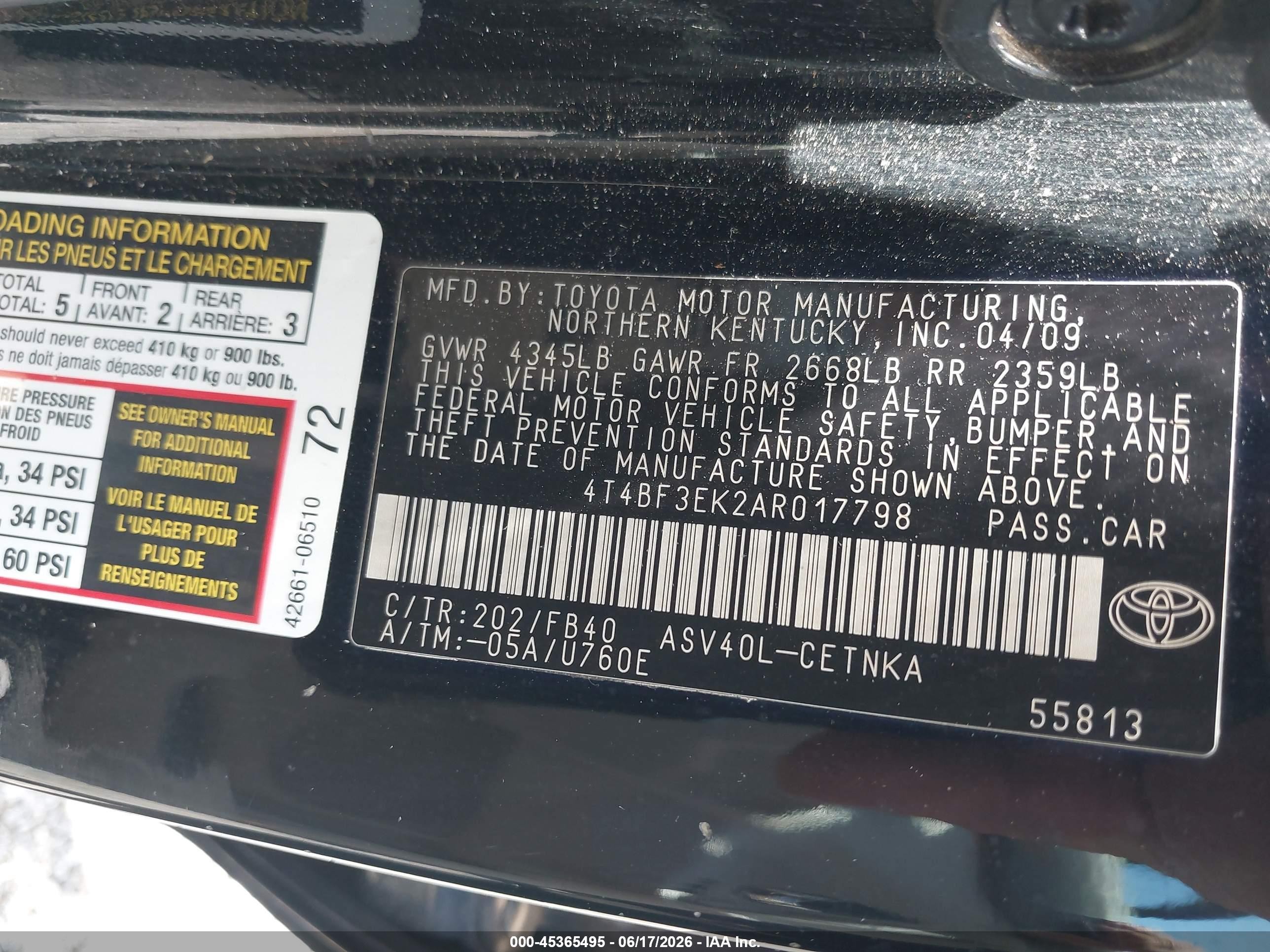 2010 Toyota Camry Le Black vin: 4T4BF3EK2AR017798