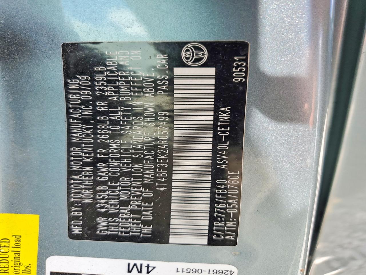 2010 Toyota Camry Le Teal vin: 4T4BF3EK2AR052499