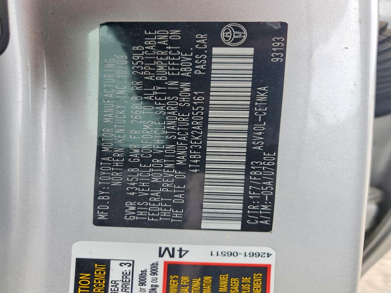 2010 Toyota Camry Серебряный vin: 4T4BF3EK2AR055161