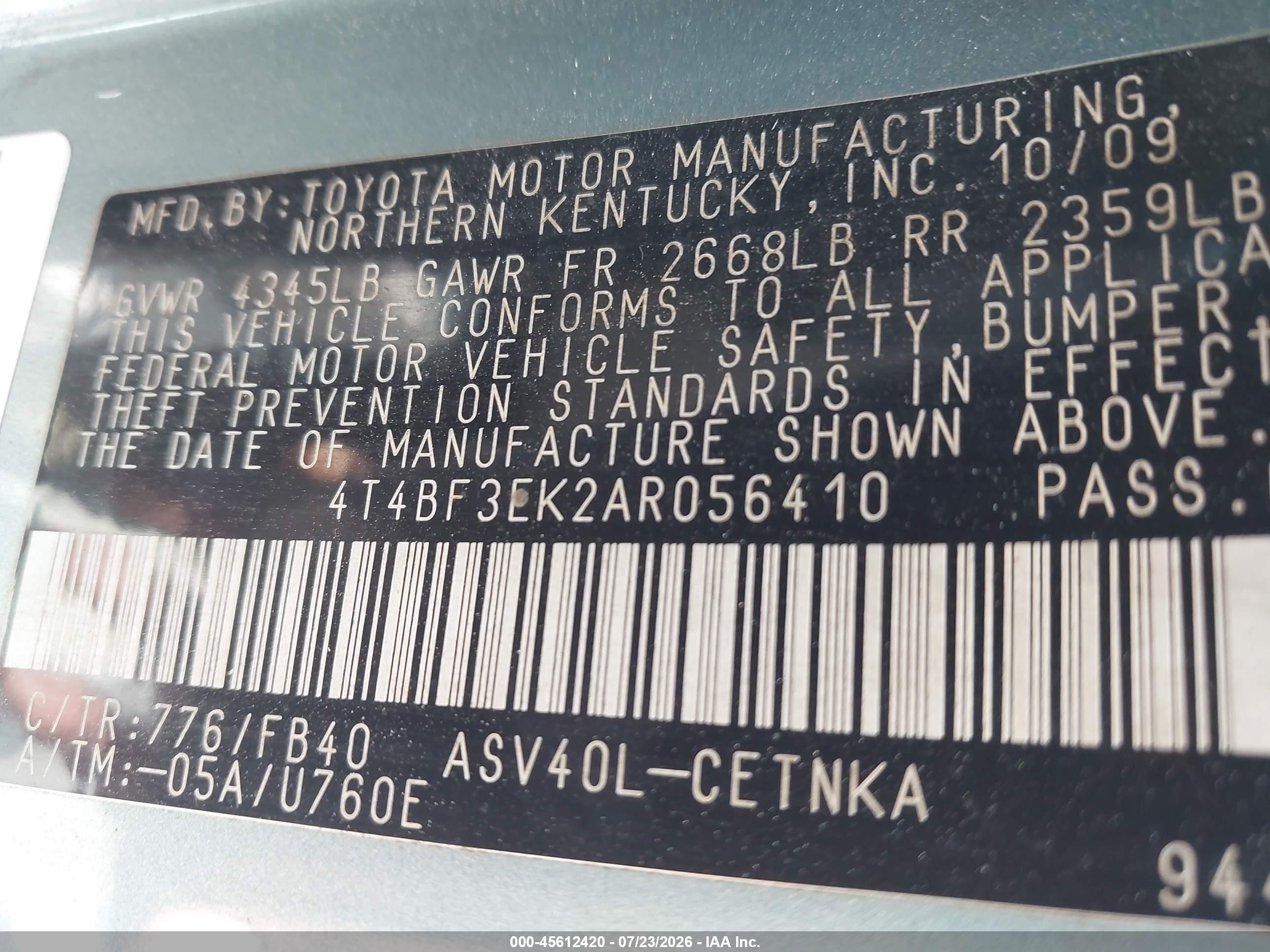 2010 Toyota Camry Le Green vin: 4T4BF3EK2AR056410