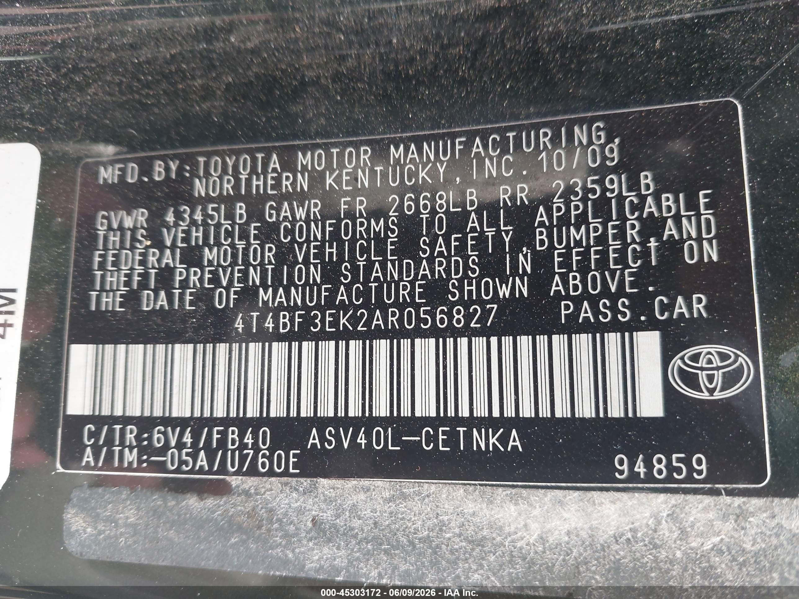 2010 Toyota Camry Le Green vin: 4T4BF3EK2AR056827