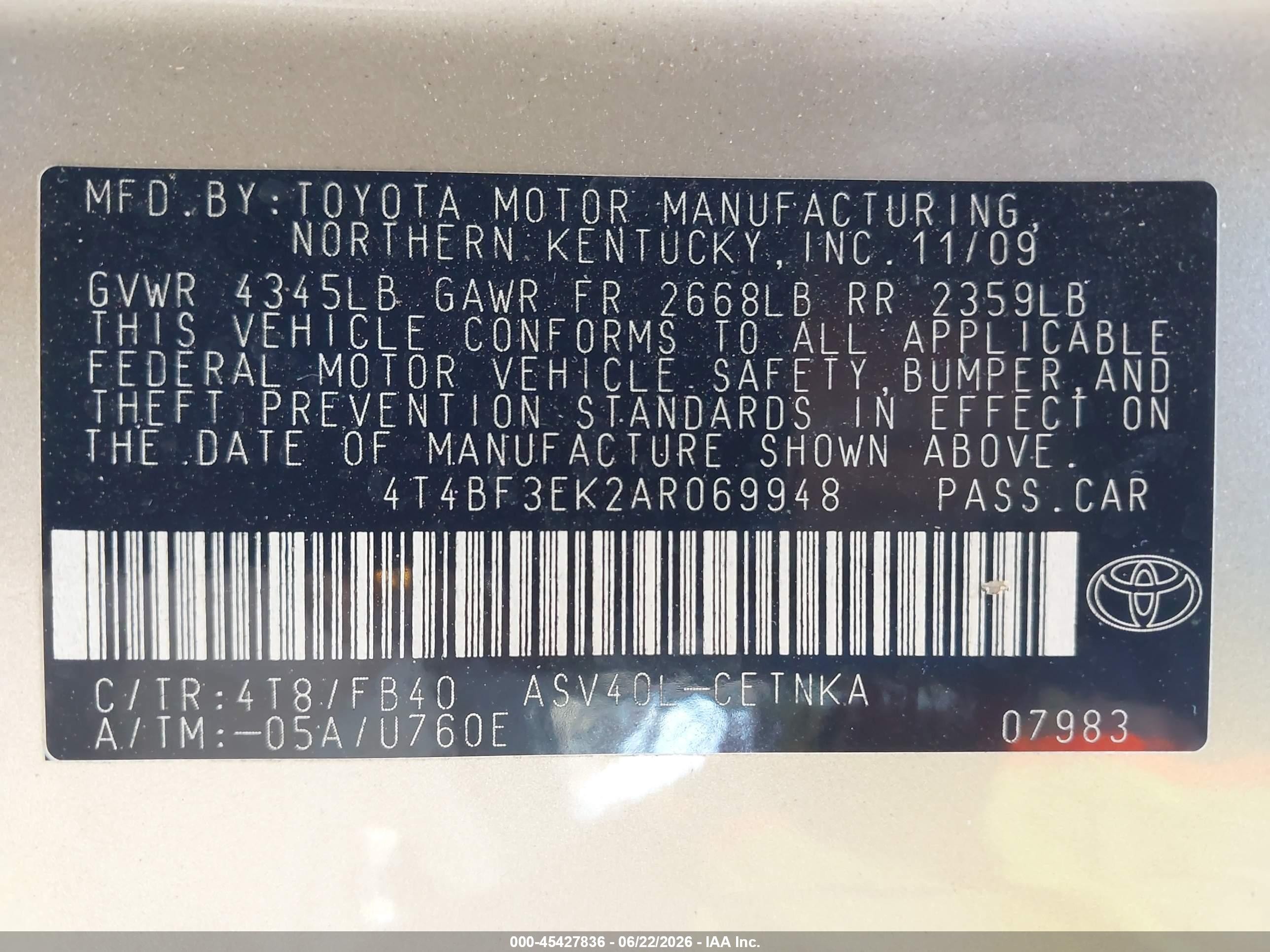 2010 Toyota Camry Le Золотой vin: 4T4BF3EK2AR069948