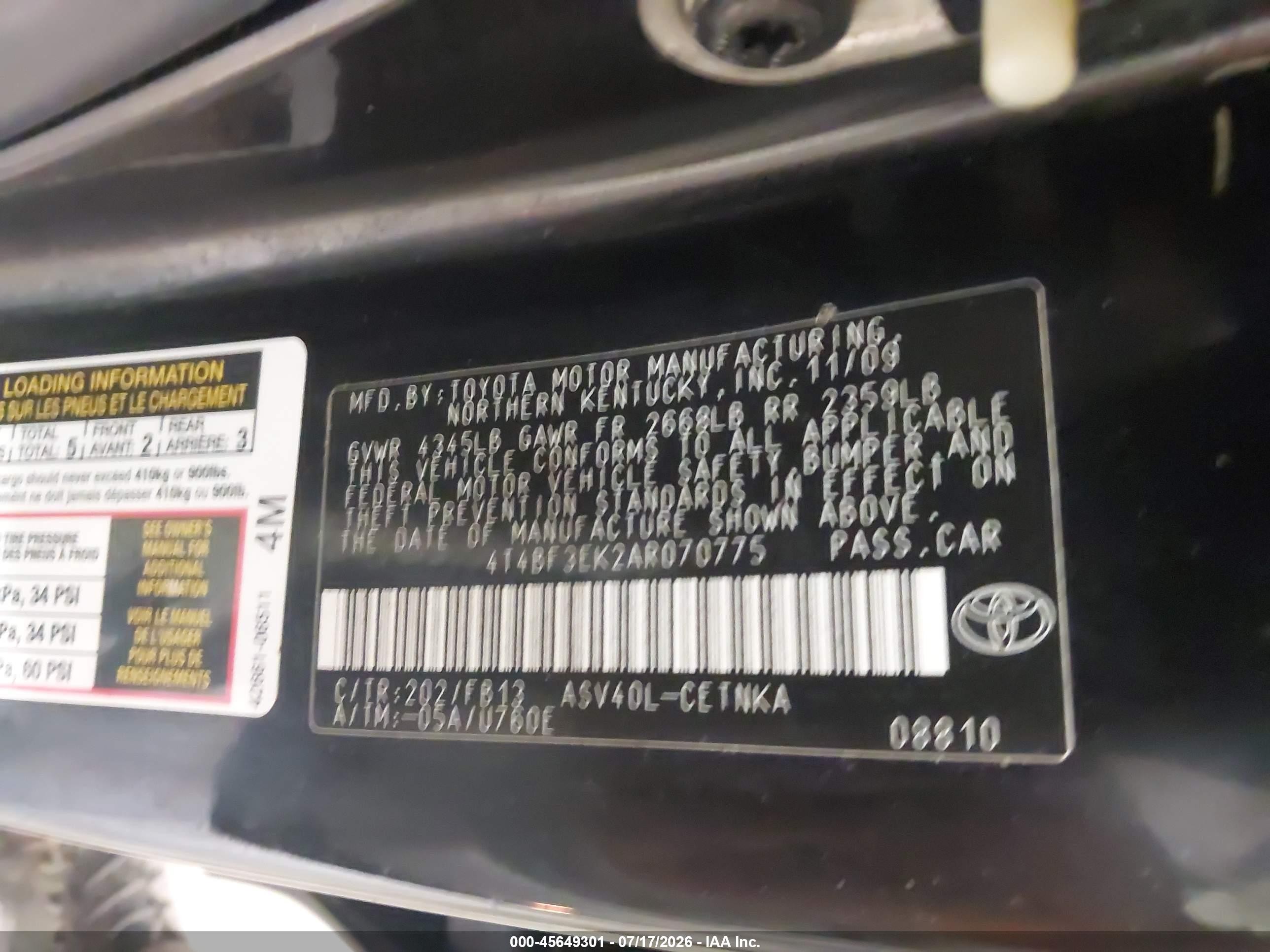 2010 Toyota Camry Le Black vin: 4T4BF3EK2AR070775