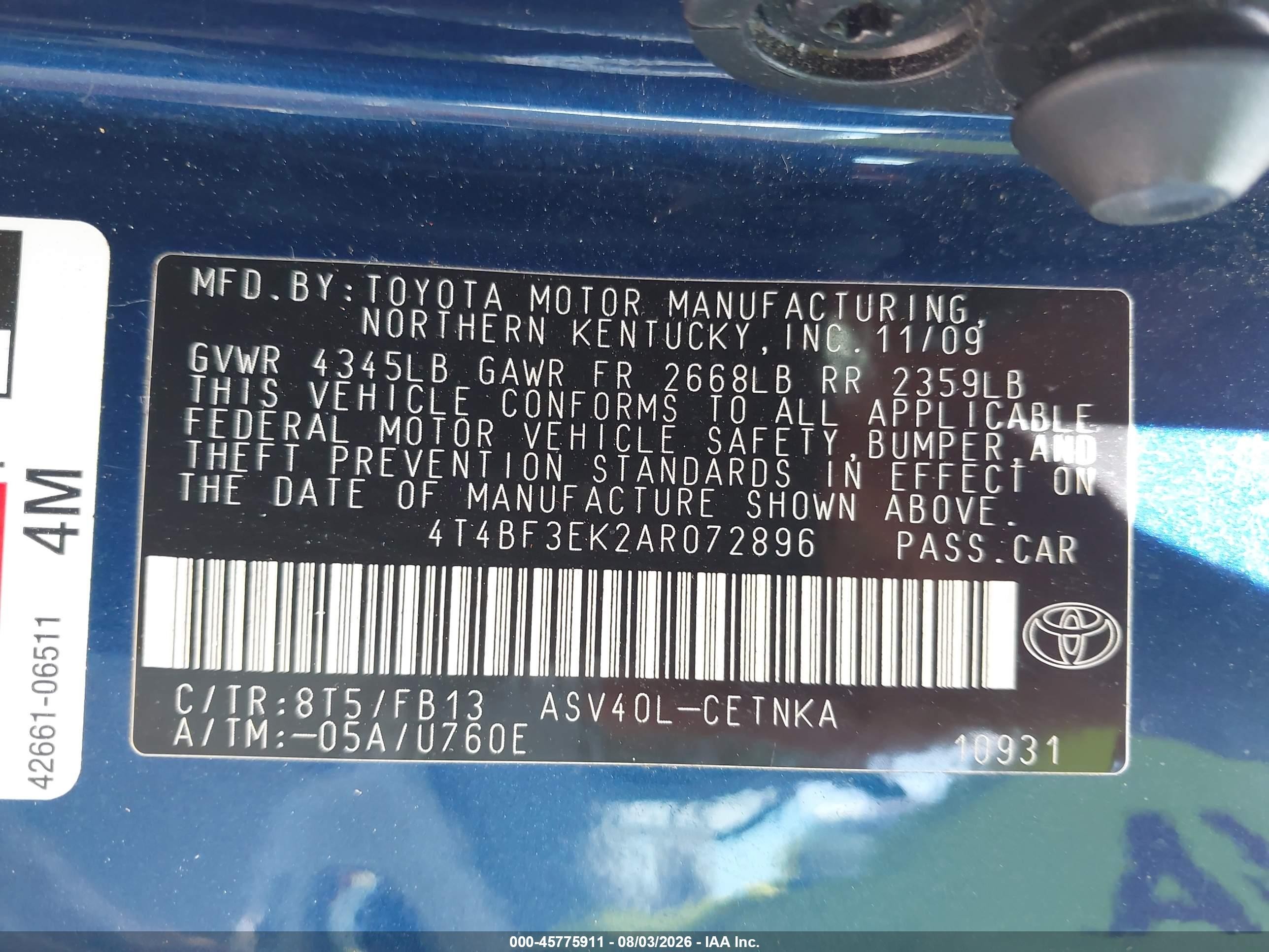 2010 Toyota Camry Le Blue vin: 4T4BF3EK2AR072896