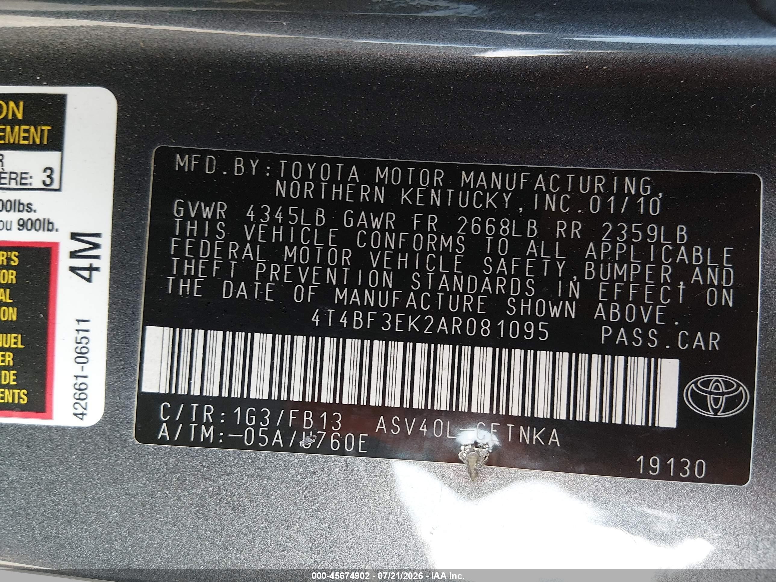 2010 Toyota Camry Le Gray vin: 4T4BF3EK2AR081095