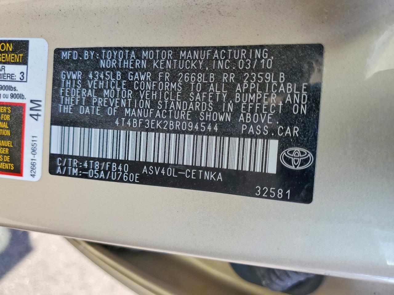 2011 Toyota Camry Le Gold vin: 4T4BF3EK2BR094544