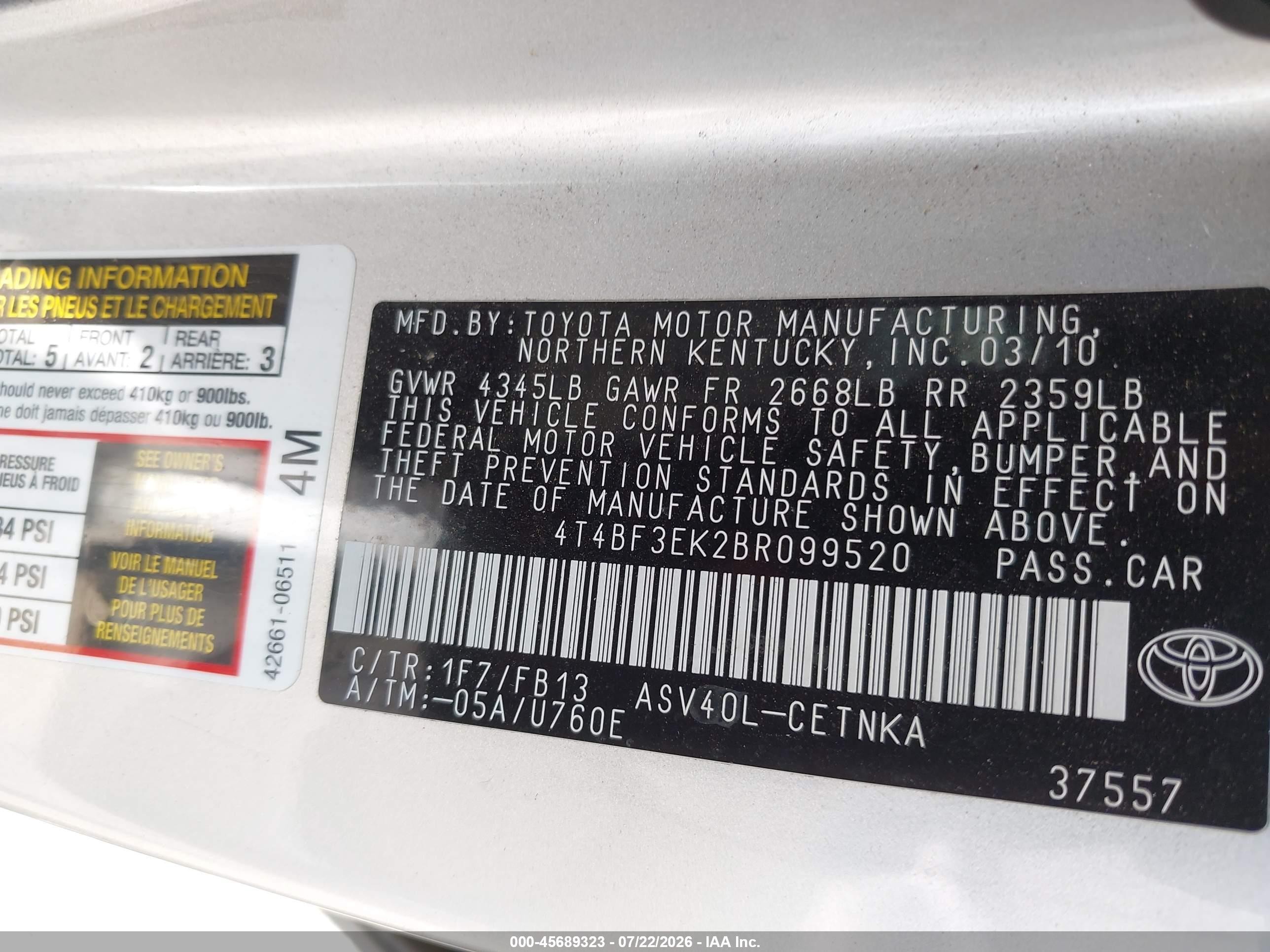 2011 Toyota Camry Le Серебряный vin: 4T4BF3EK2BR099520