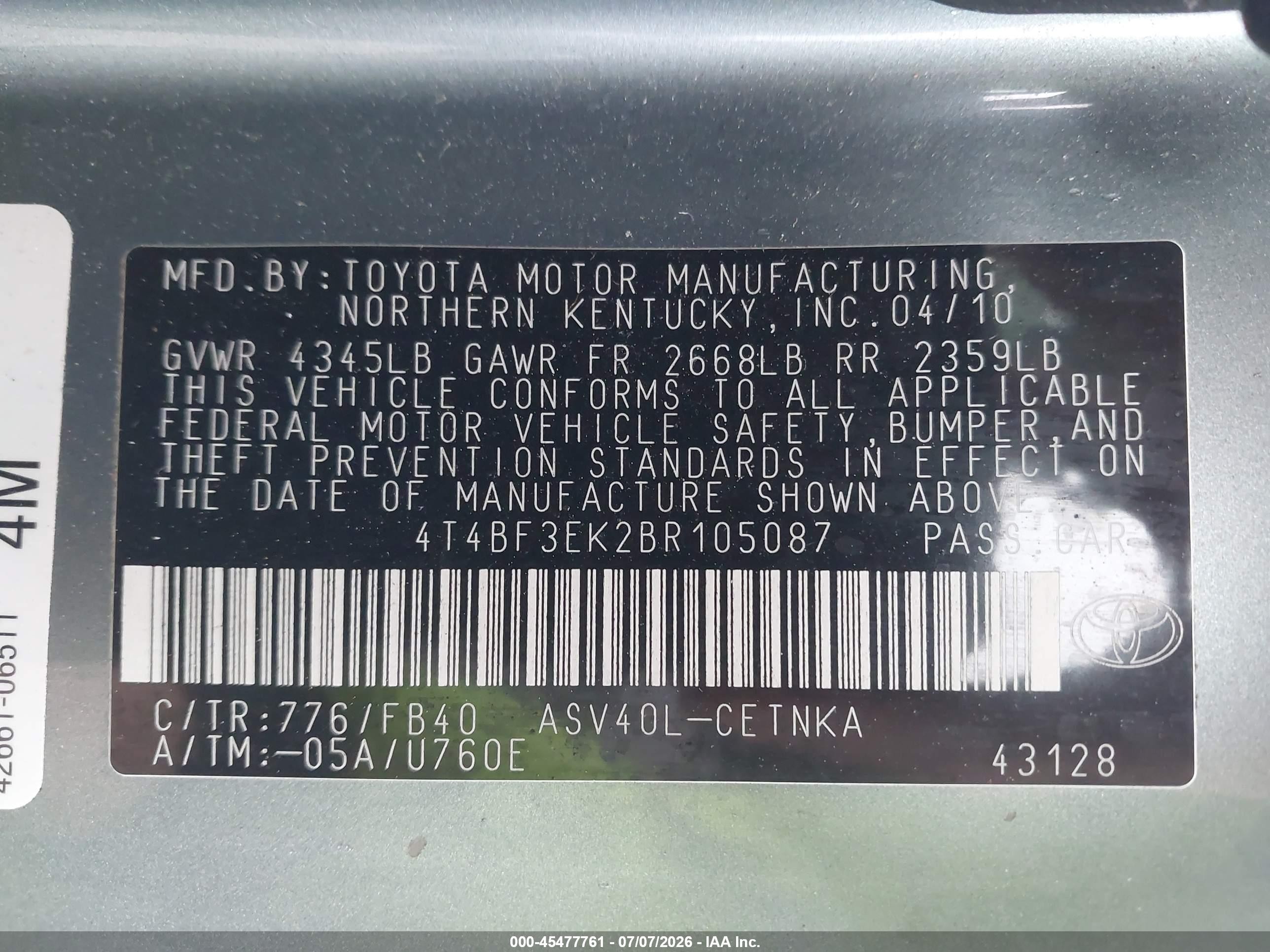 2011 Toyota Camry Le Green vin: 4T4BF3EK2BR105087