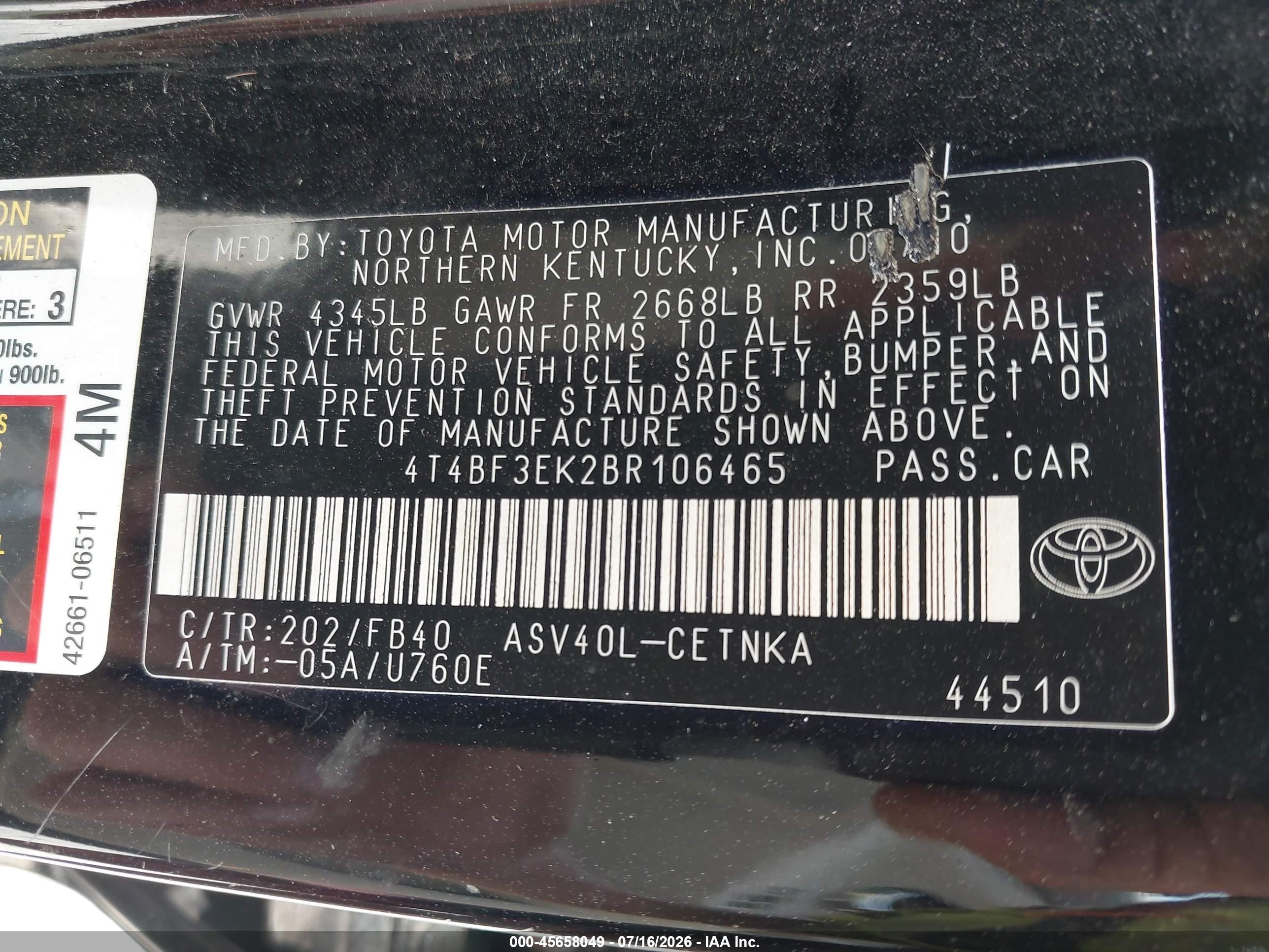 2011 Toyota Camry Le Black vin: 4T4BF3EK2BR106465