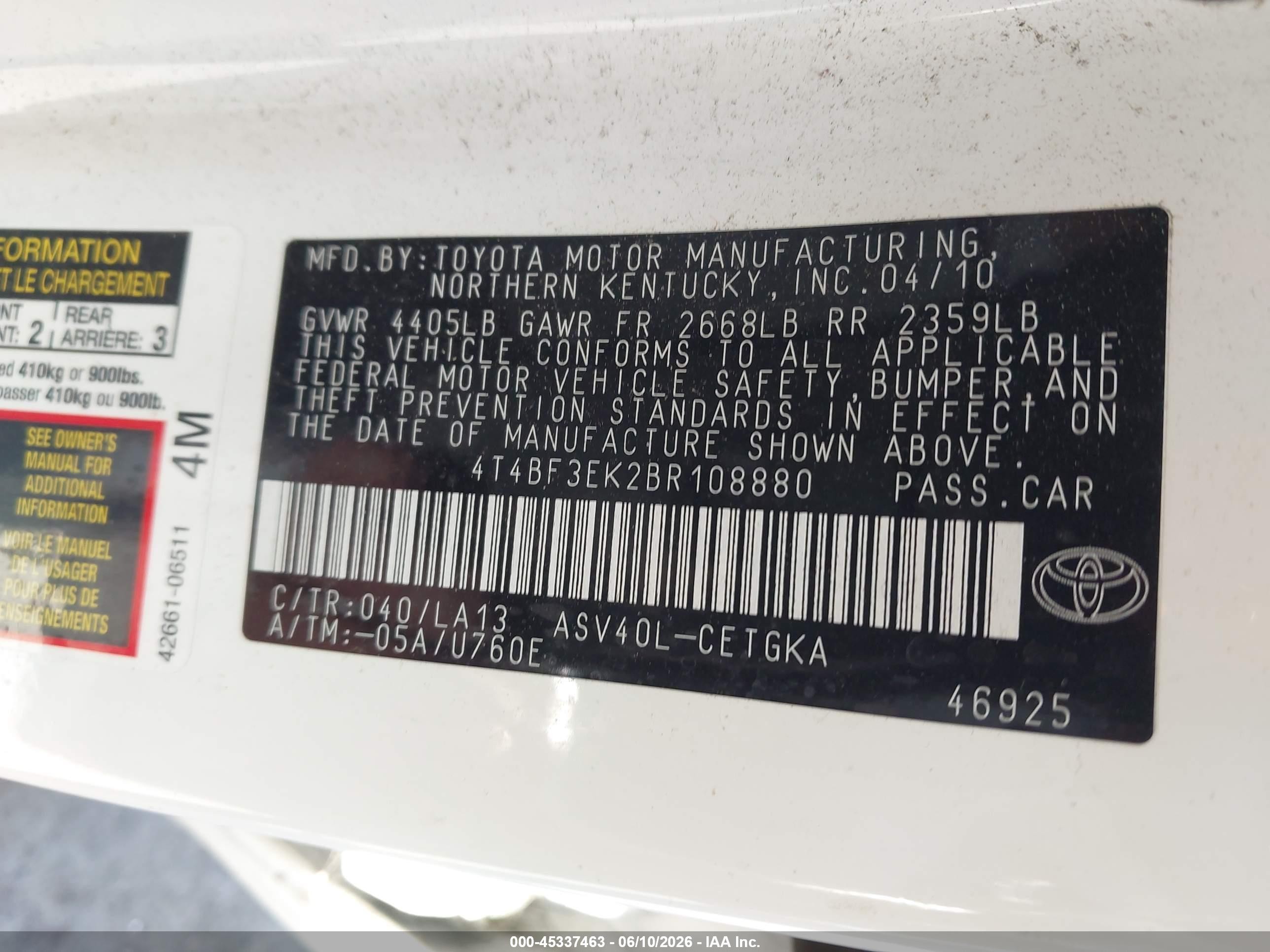 2011 Toyota Camry Xle White vin: 4T4BF3EK2BR108880