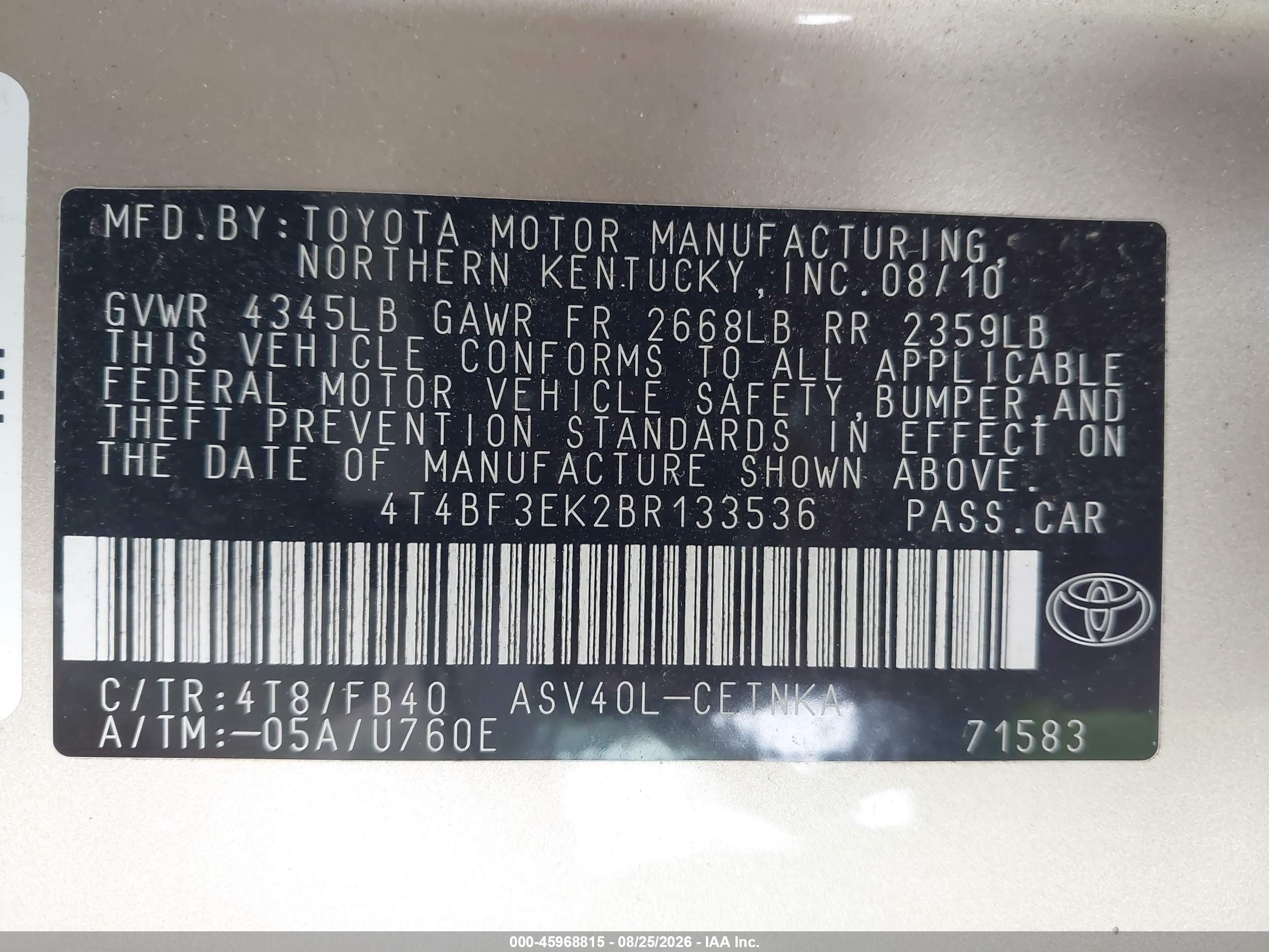 2011 Toyota Camry Le Tan vin: 4T4BF3EK2BR133536