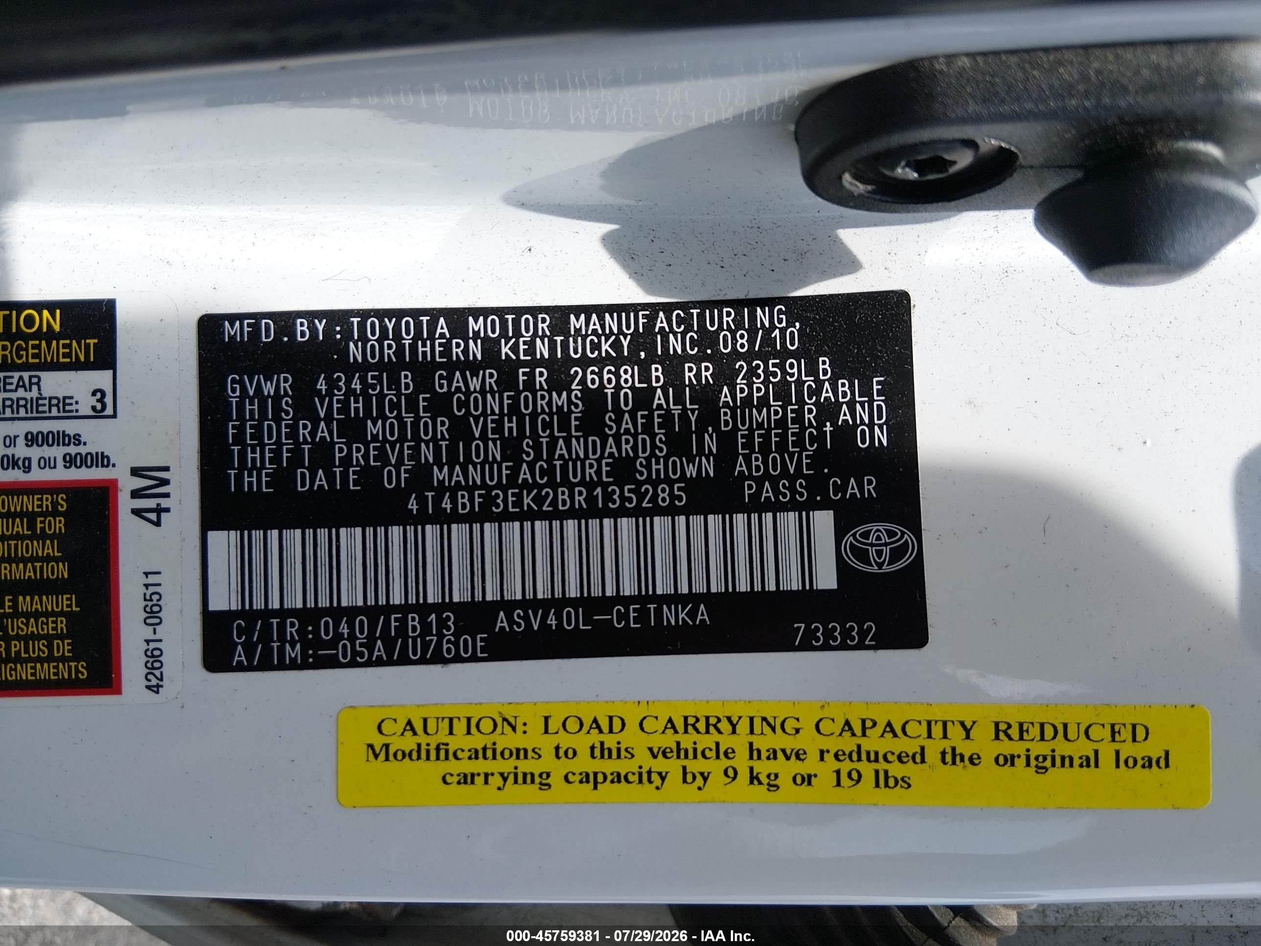 2011 Toyota Camry Le White vin: 4T4BF3EK2BR135285