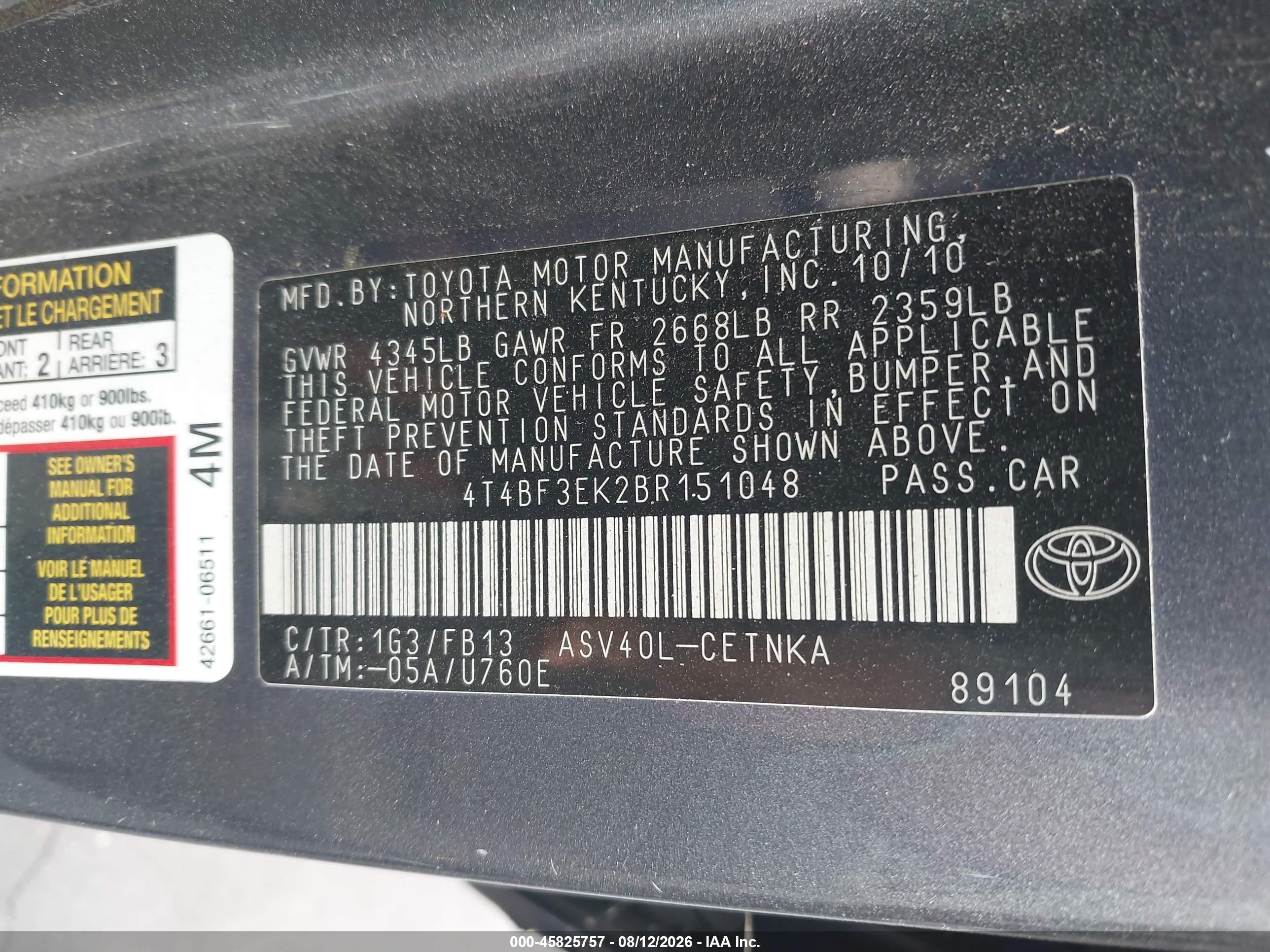 2011 Toyota Camry Le Gray vin: 4T4BF3EK2BR151048