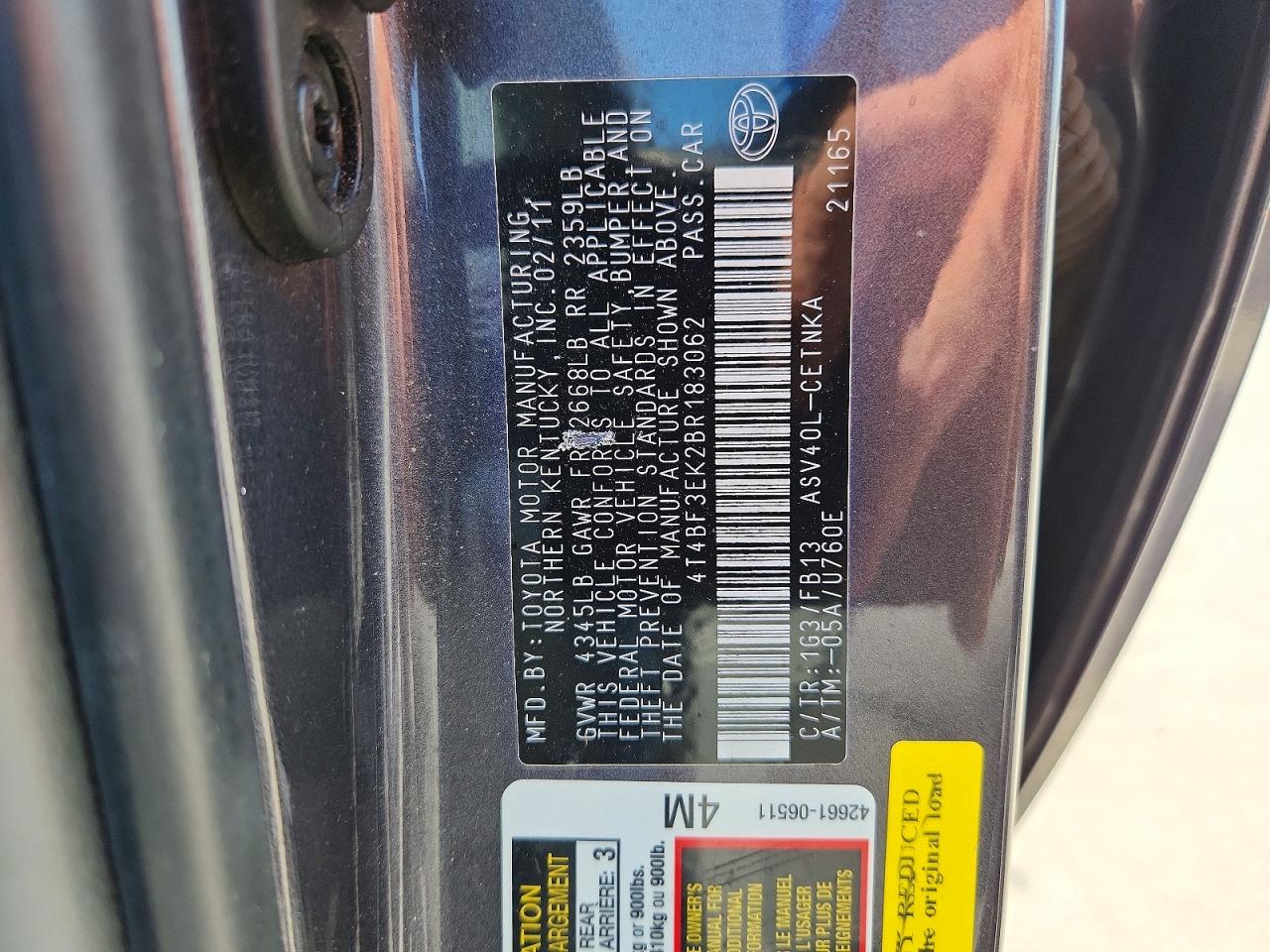 2011 Toyota Camry Le Gray vin: 4T4BF3EK2BR183062