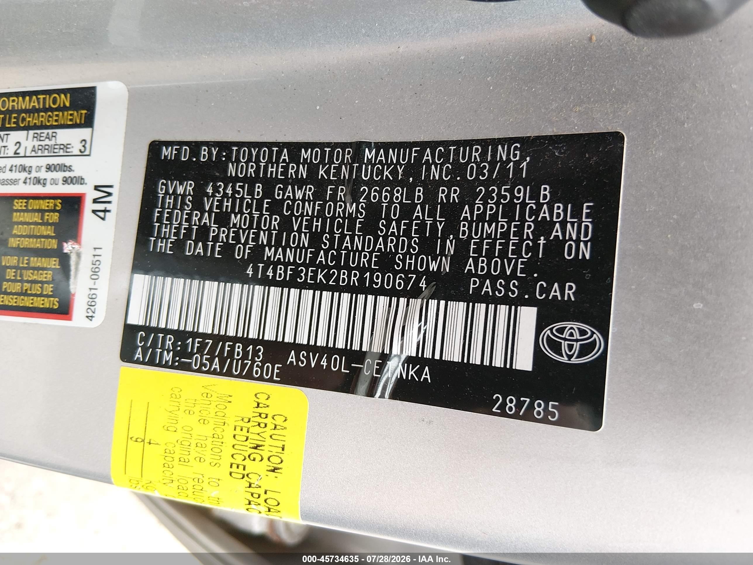 2011 Toyota Camry Le Silver vin: 4T4BF3EK2BR190674