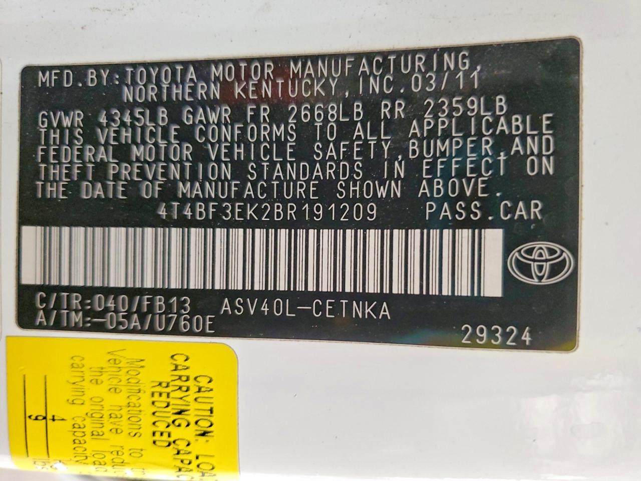 2011 Toyota Camry Le White vin: 4T4BF3EK2BR191209