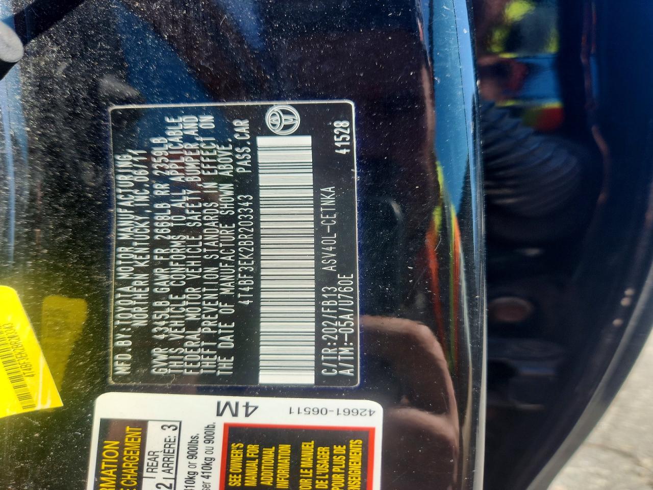 2011 Toyota Camry Base Черный vin: 4T4BF3EK2BR203343