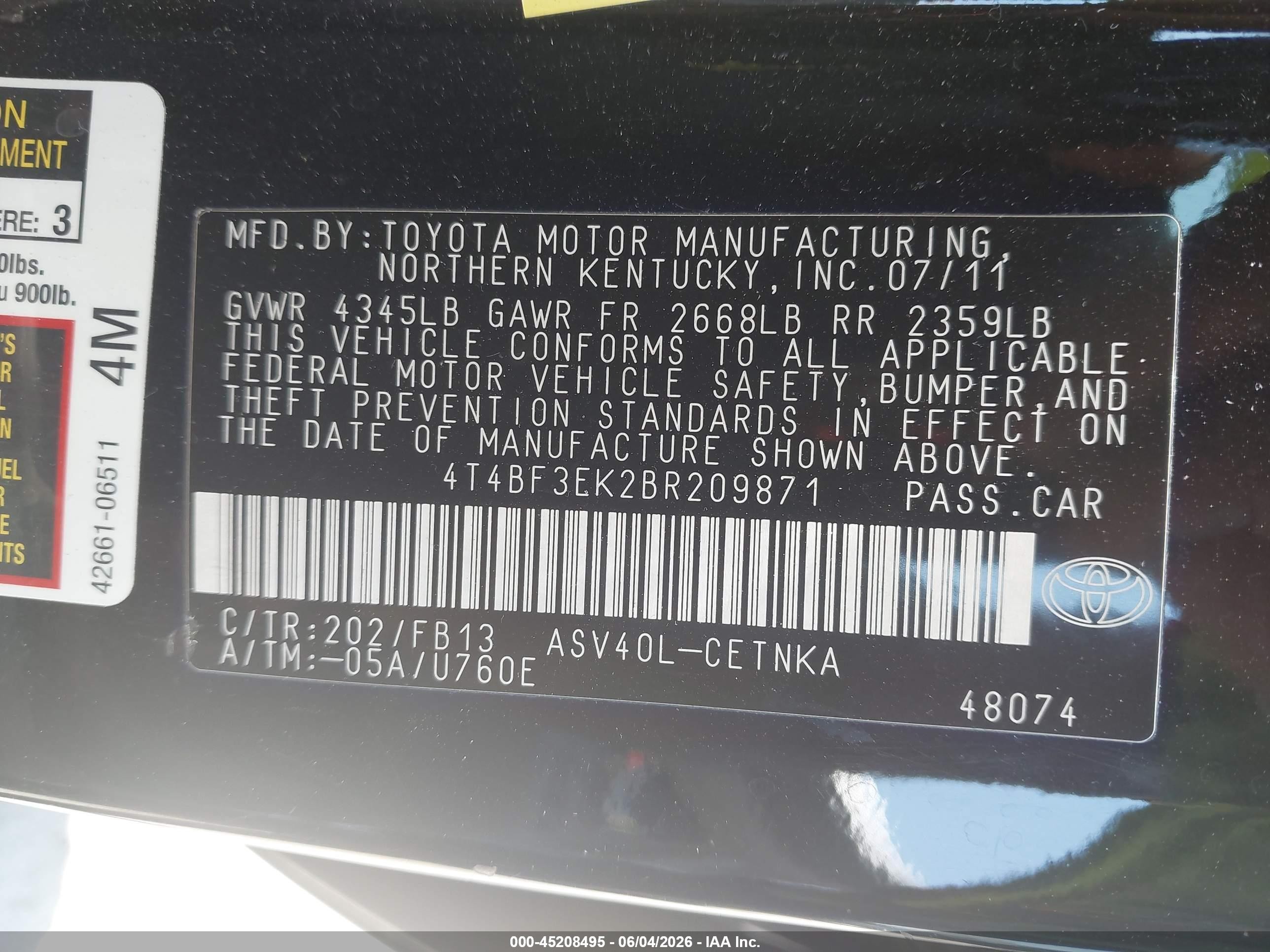 2011 Toyota Camry   Черный vin: 4T4BF3EK2BR209871